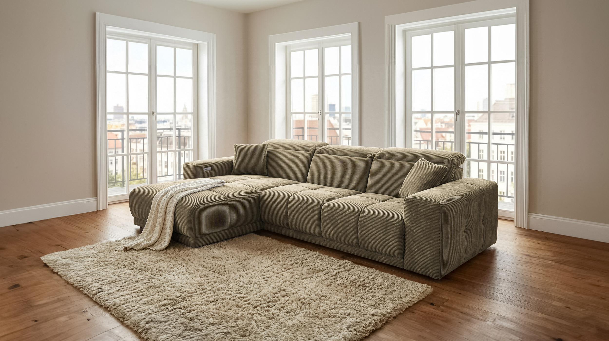 Ecksofa Cord grün 302 x 167 cm mit Relaxfunktion - OT links - TONI