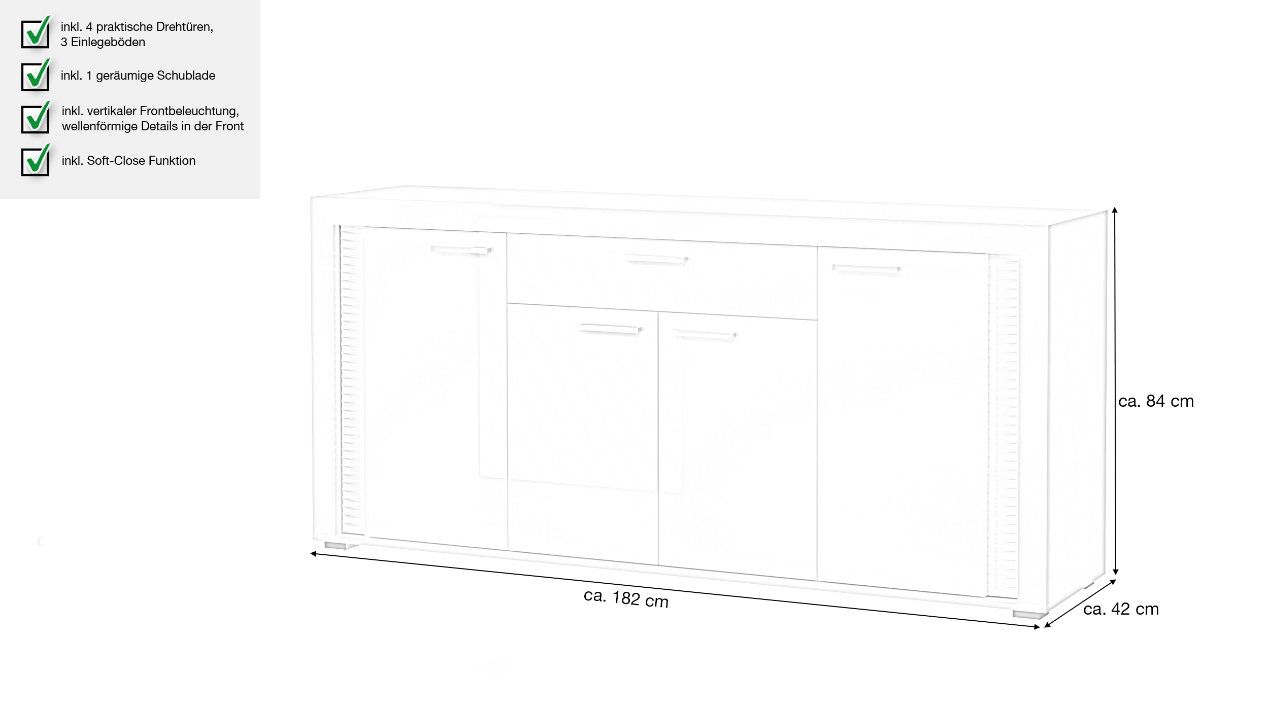 Sideboard mit Schublade weiß hochglanz 182 cm - SKYLIGHT