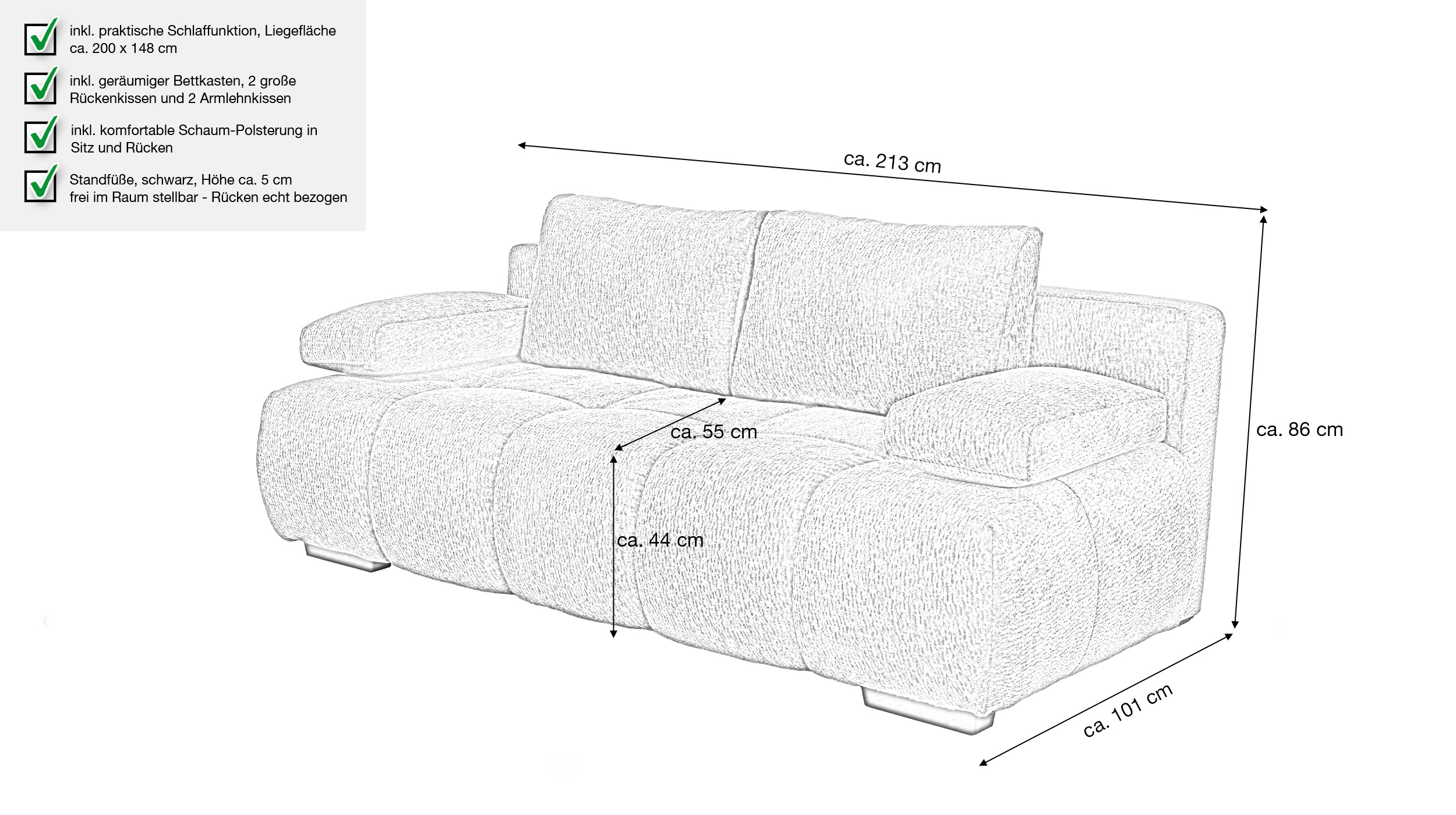 Schlafsofa grün mit Bettkasten 213 cm - RENO 