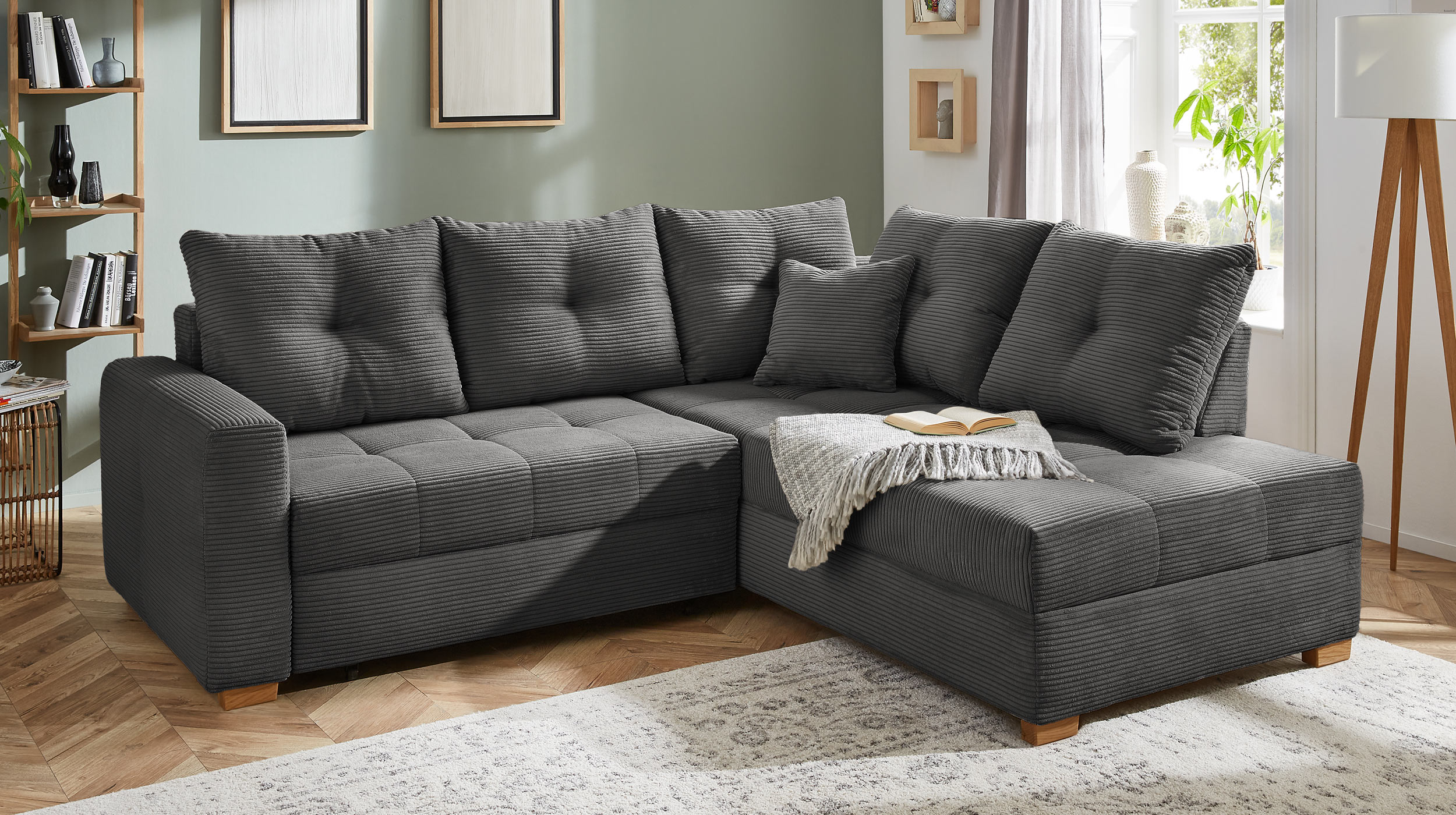 Ecksofa Cord dunkelgrau - Schlaffunktion Bettkasten 228 cm - HEIDELBERG