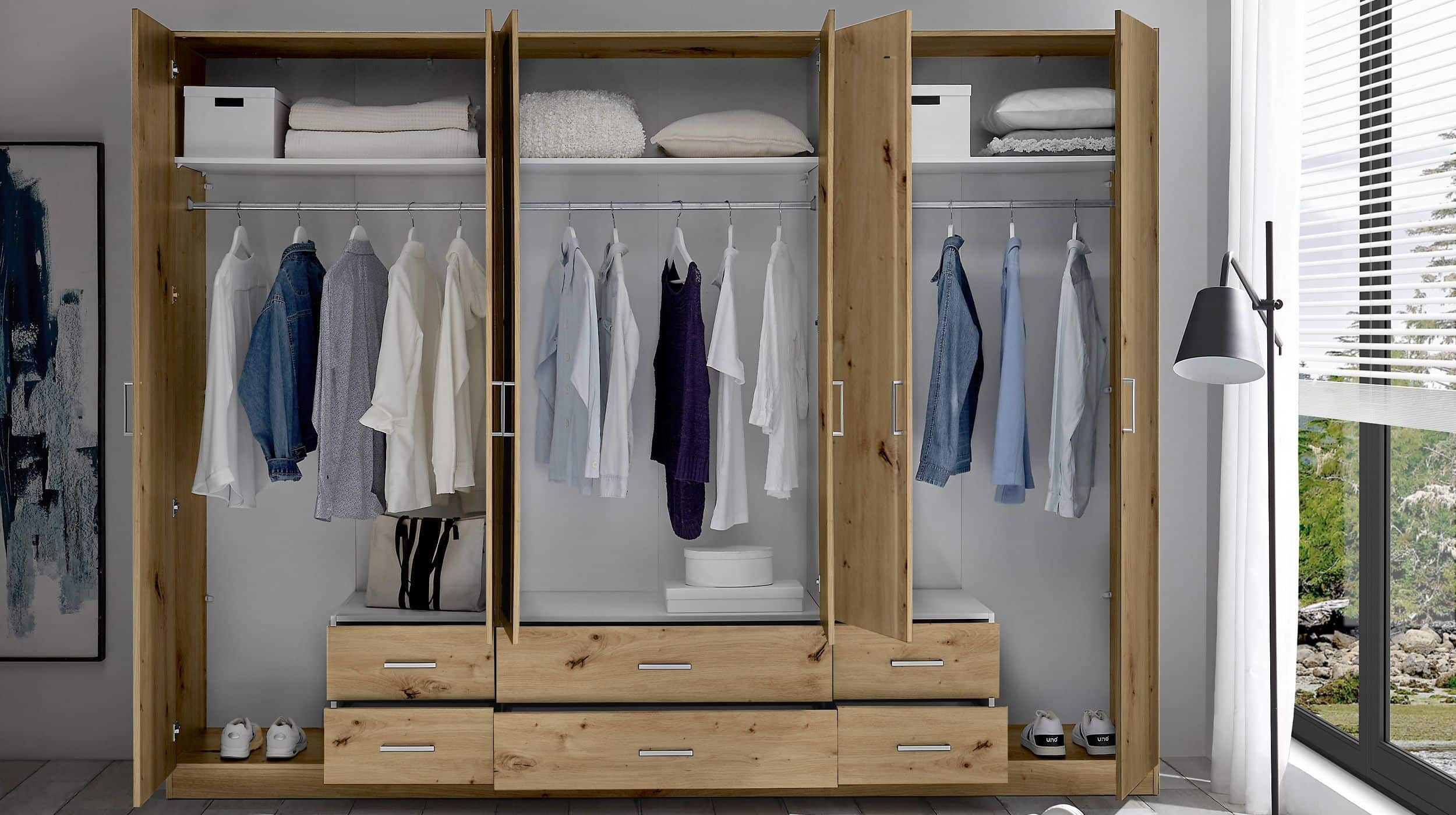 Kleiderschrank Artisan Eiche mit Spiegel - 271 cm - 6-türig - ELVA