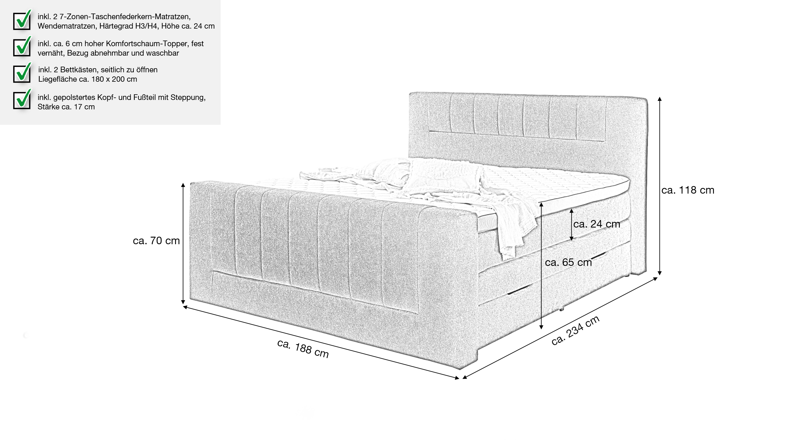 Boxspringbett 180 x 200 cm Bettkasten anthrazit Stoffbezug - KENOSHA