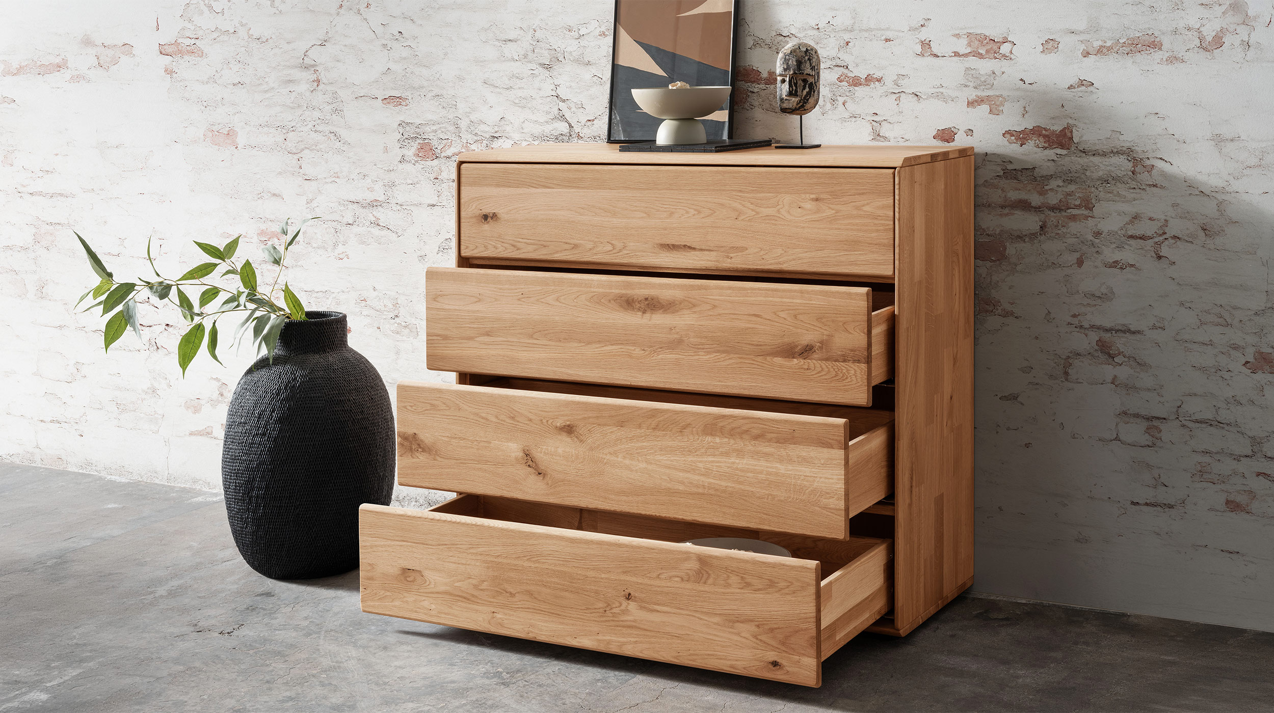 Kommode mit 4 Schubladen Wildeiche massiv geölt 100 cm - SKOV 