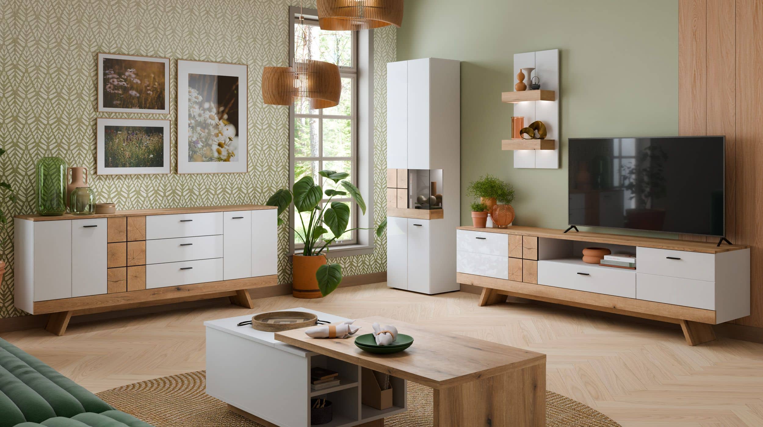 Sideboard mit 3 Schubladen weiß Hochglanz - Eiche 184 cm - ORETA