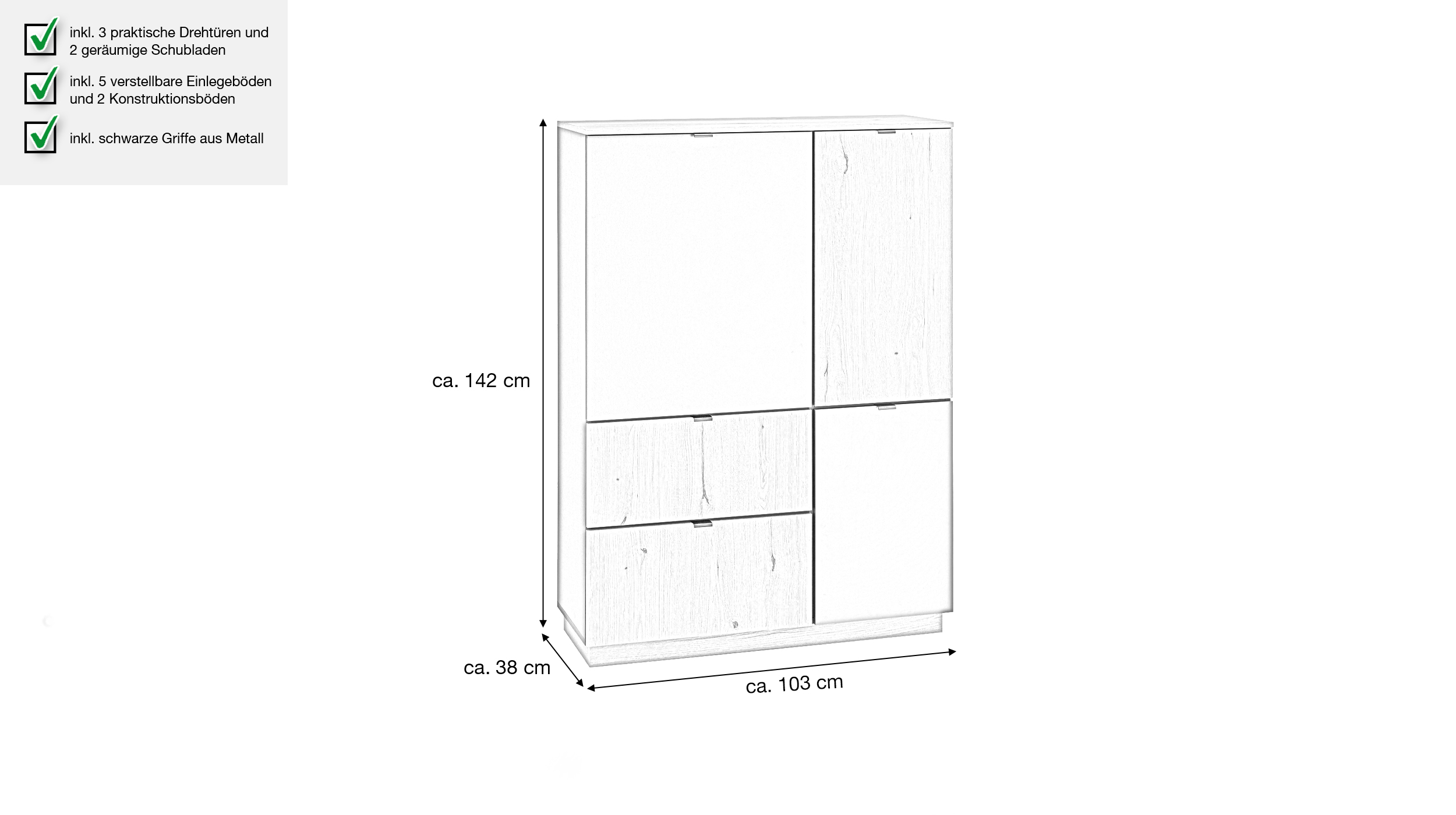Highboard 3 Türen 2 Schubladen anthrazit - Eiche 103 cm - VINCE