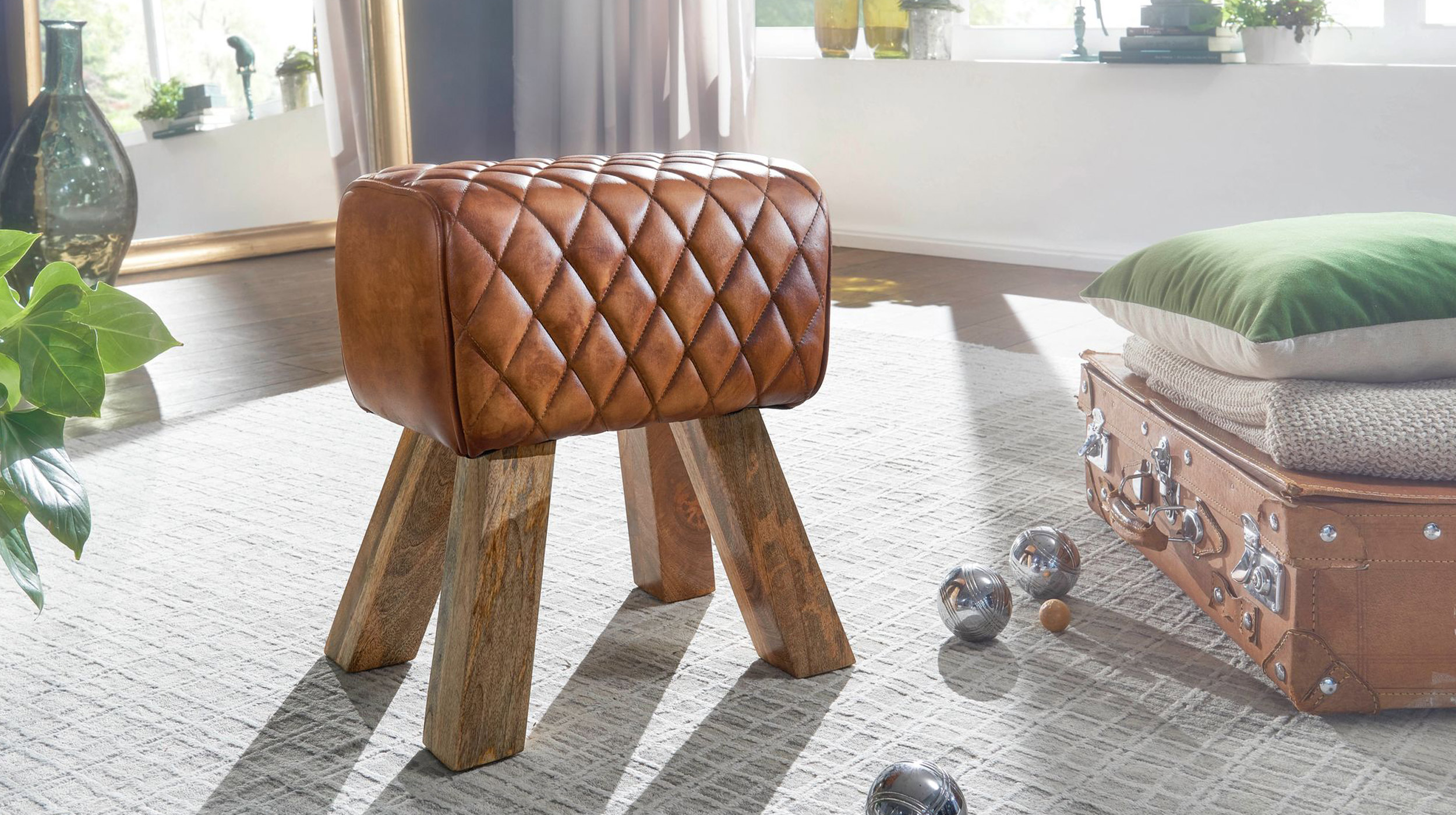 Sitz- & Fußhocker Echtleder braun - Mango massiv lackiert - RIST