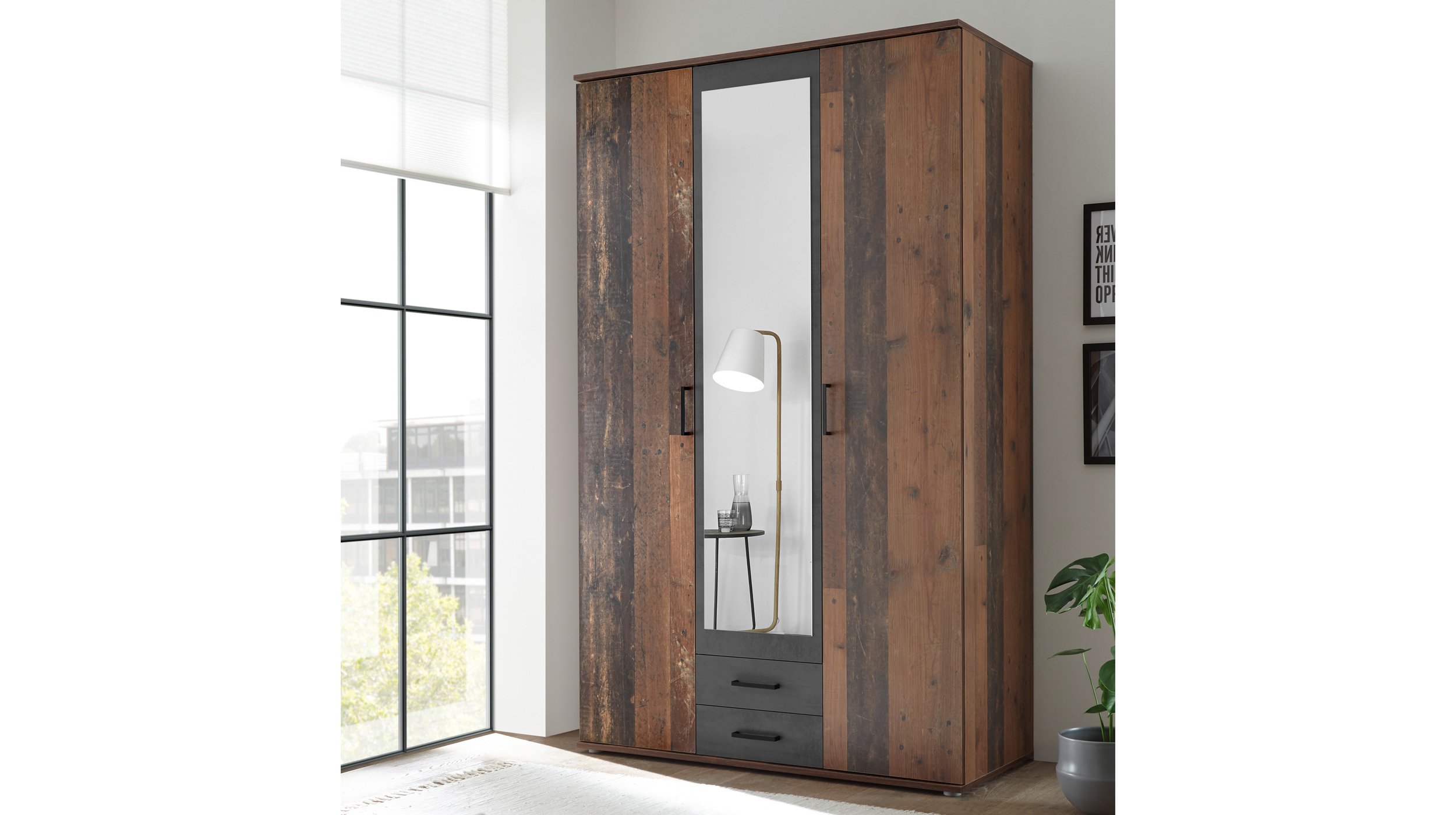 Kleiderschrank mit Spiegel - Old Style - grau - 120 cm - CHICAGO