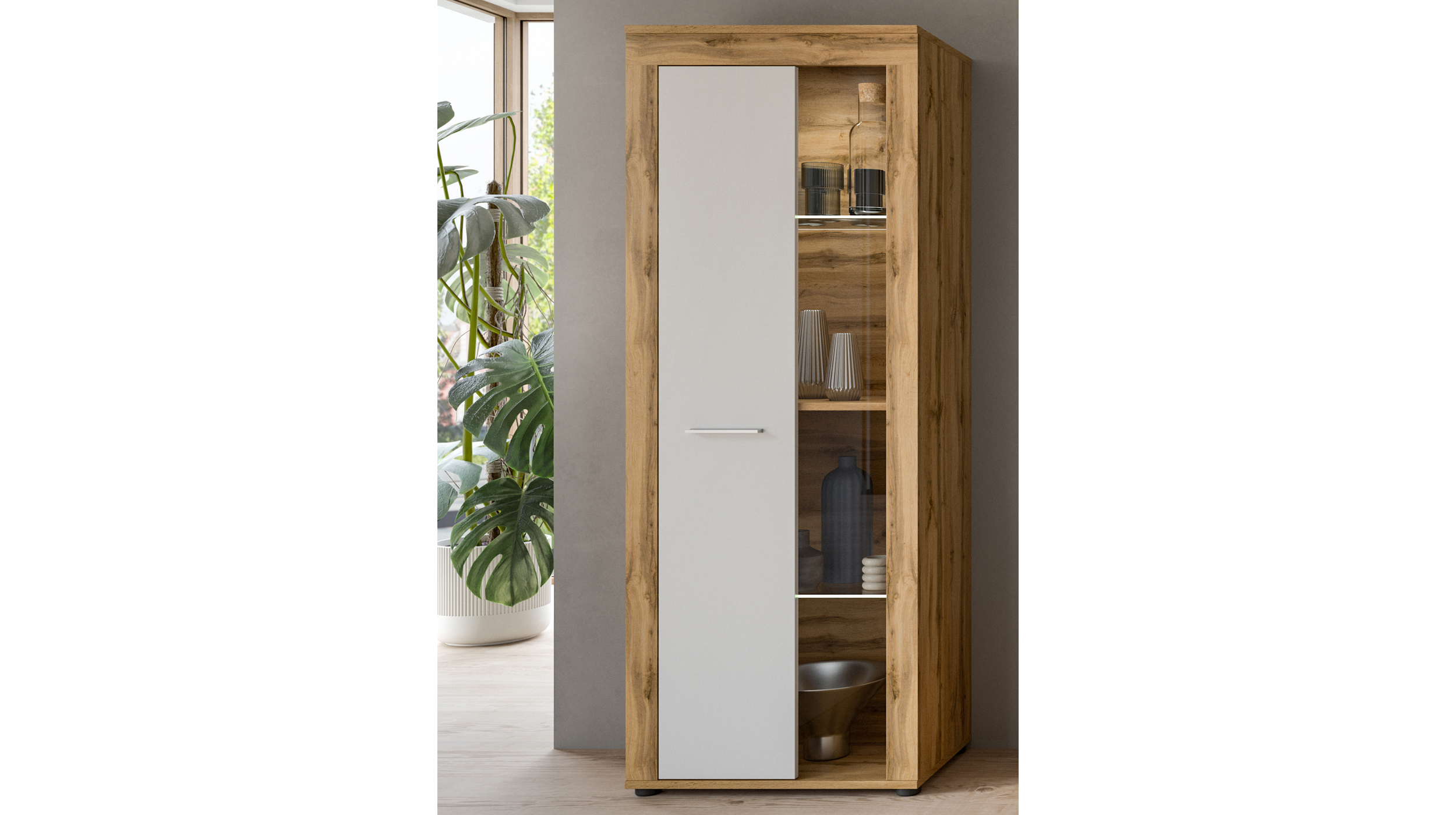 Vitrine mit Glastür weiß Wotan Eiche Breite 60 cm - JAM