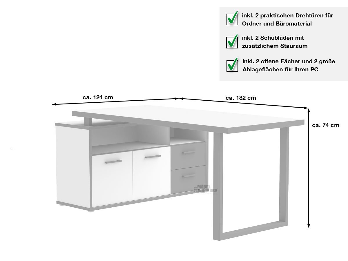 Eck-Schreibtisch weiß - grau 124 cm - KEFLAVIK