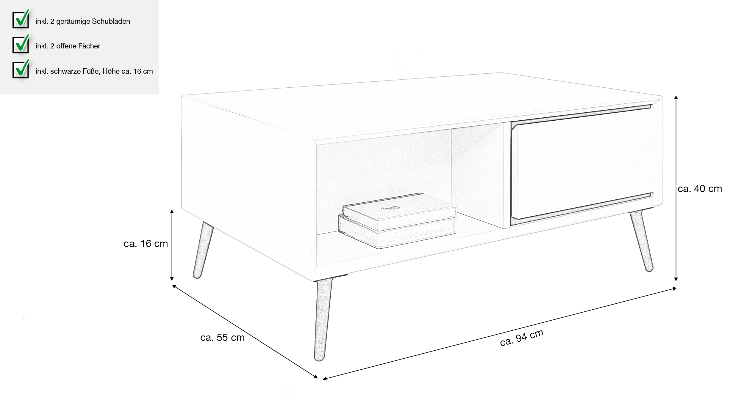 Couchtisch mit 2 Schubladen beige schwarz 94 x 55 cm - ARONA