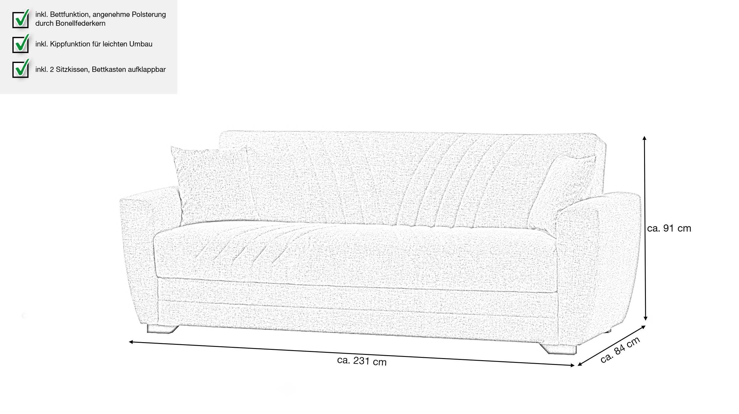 Einzelsofa 3-Sitzer grau 231 cm Schlaffunktion - ACUN