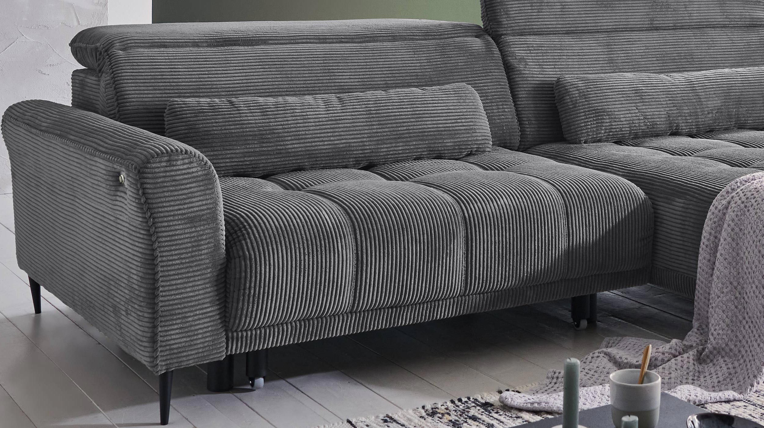 Ecksofa Cord grau ausziehbar - Sitztiefenverstellung - 277 cm - OT rechts - LOGAN
