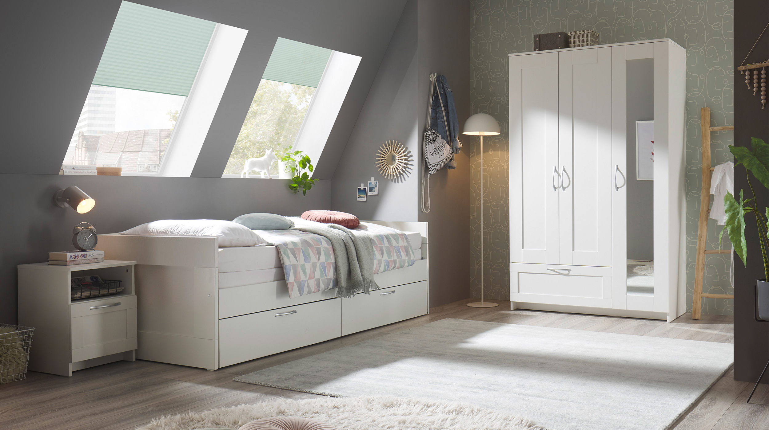 Jugendbett ausziehbar mit Schubladen weiß 90 x 200 cm - SALIAS