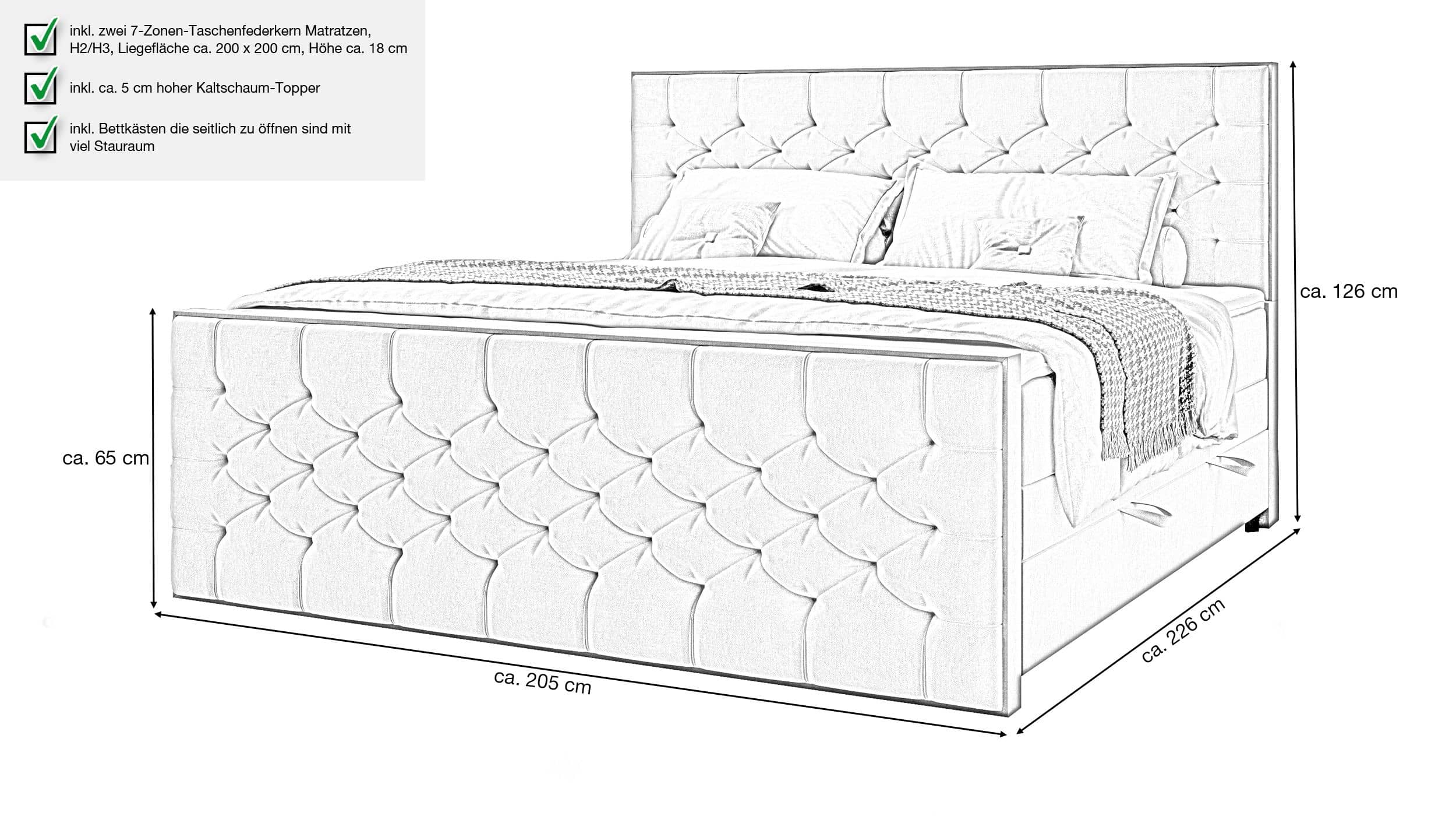 Boxspringbett 200 x 200 cm mit Bettkasten creme - LANCIANO