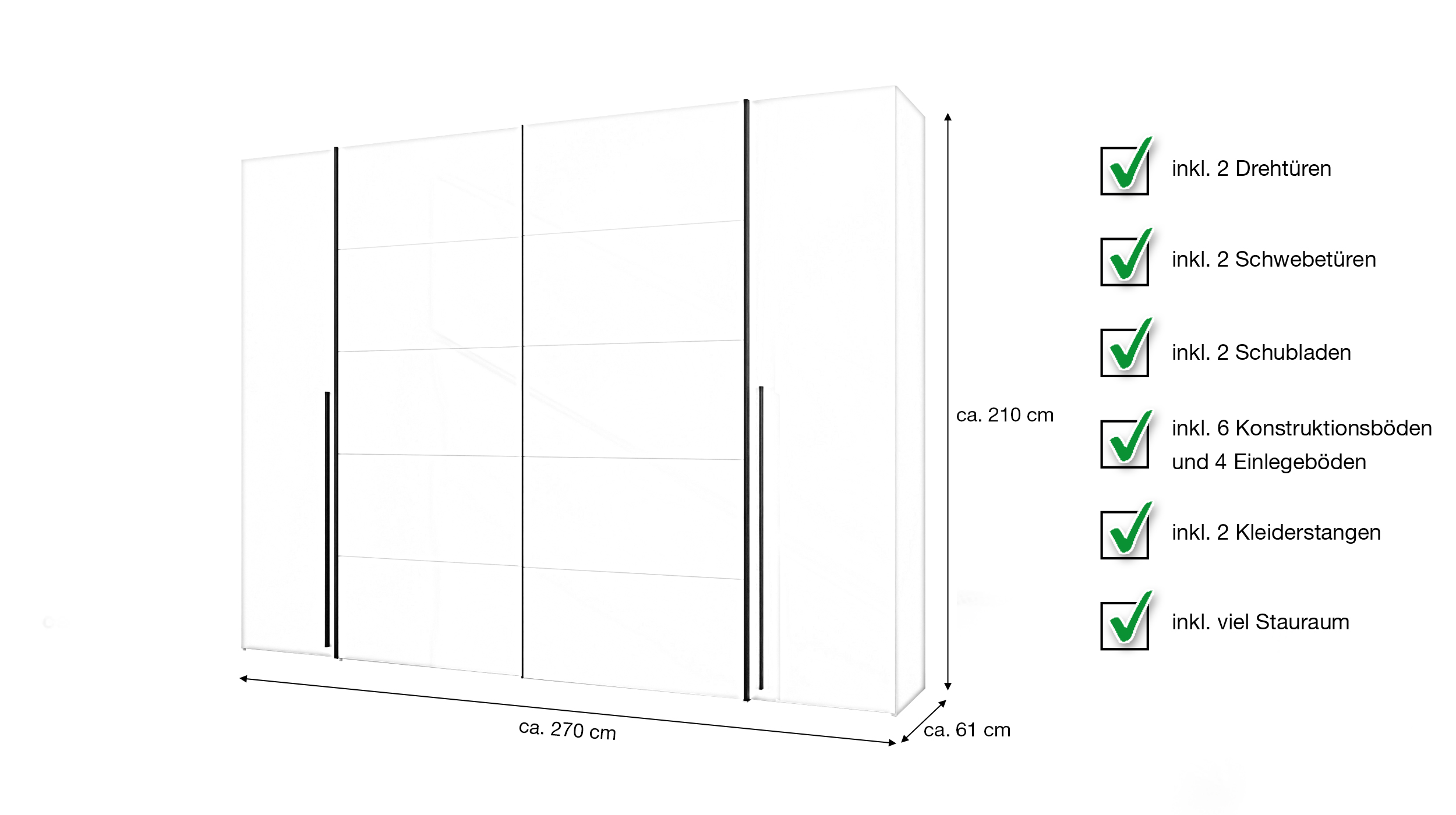 Kleiderschrank beige - 270 cm - Schwebetüren - mit 2 Schubladen - NARAGO