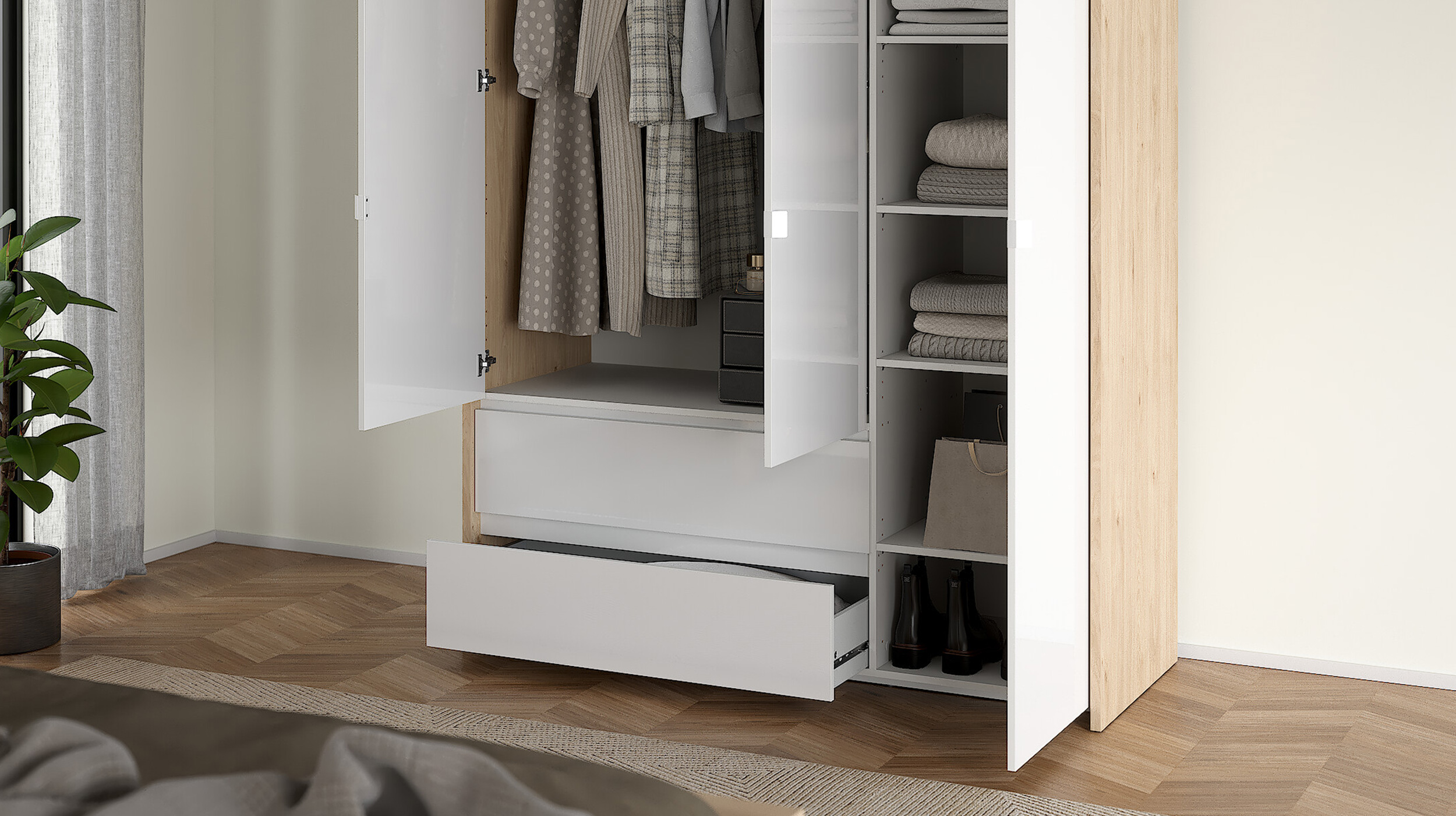 Kleiderschrank 149 cm weiß hochglanz - Jackson Hickory 3-türig - NEXT