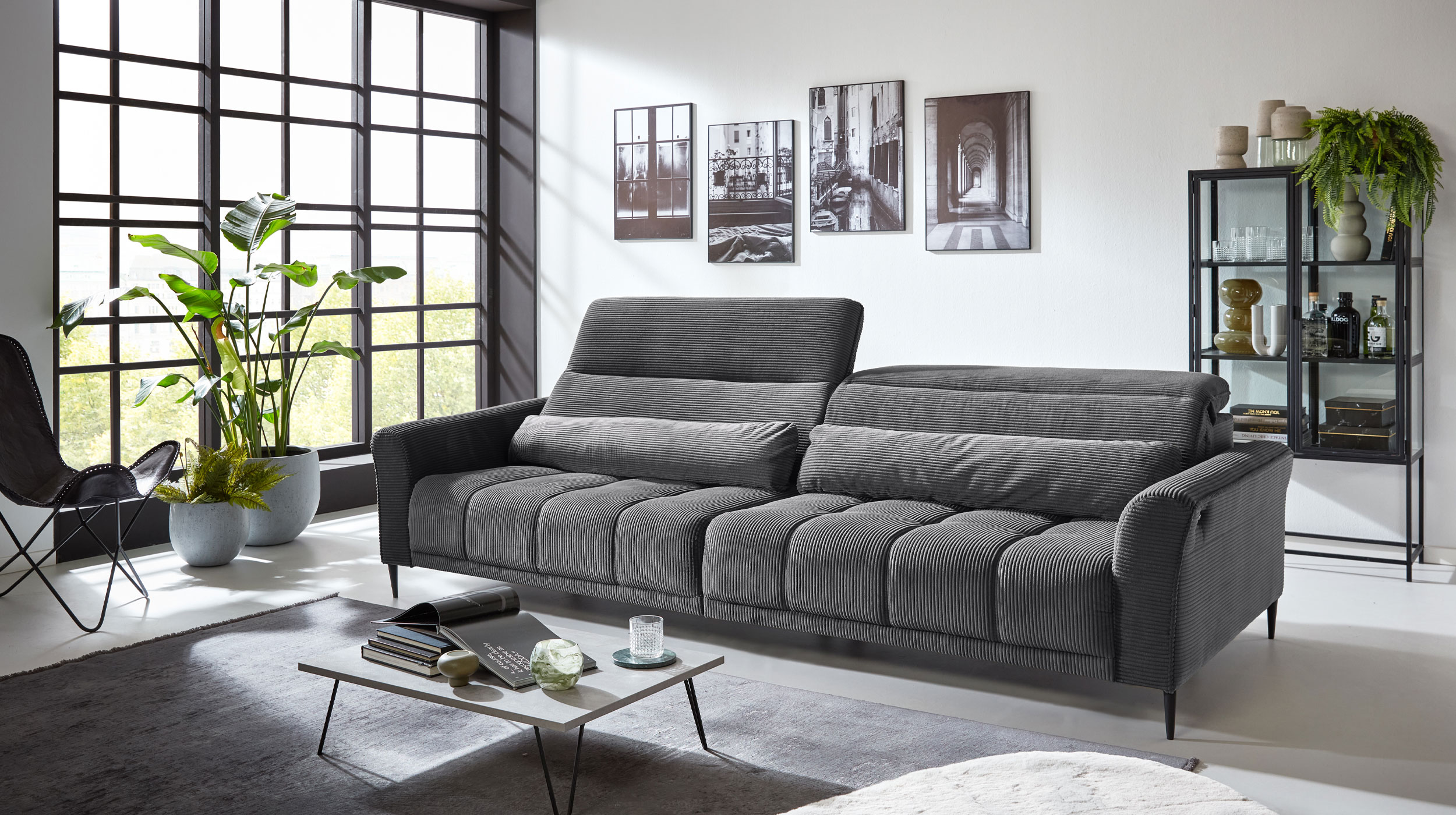 Big Sofa Cord grau - 280 cm - Nosagunterfederung - LOGAN 