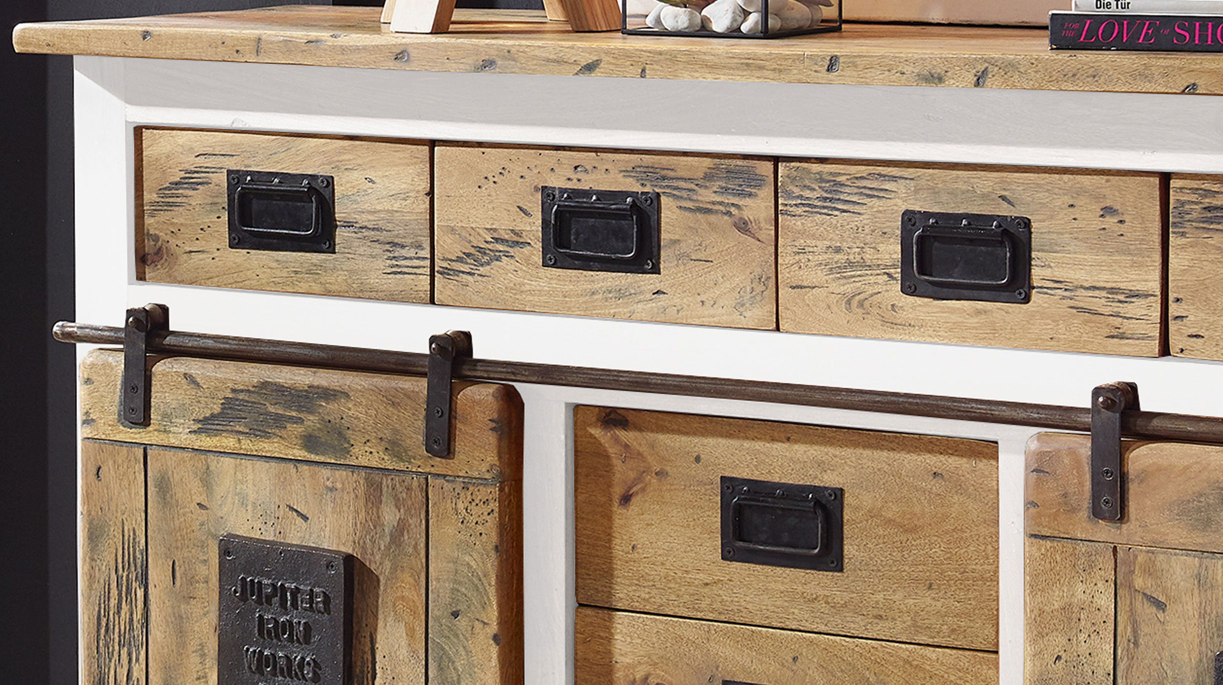 Sideboard mit 2 Rolltüren Mango massiv weiß 150 cm - EMANUEL