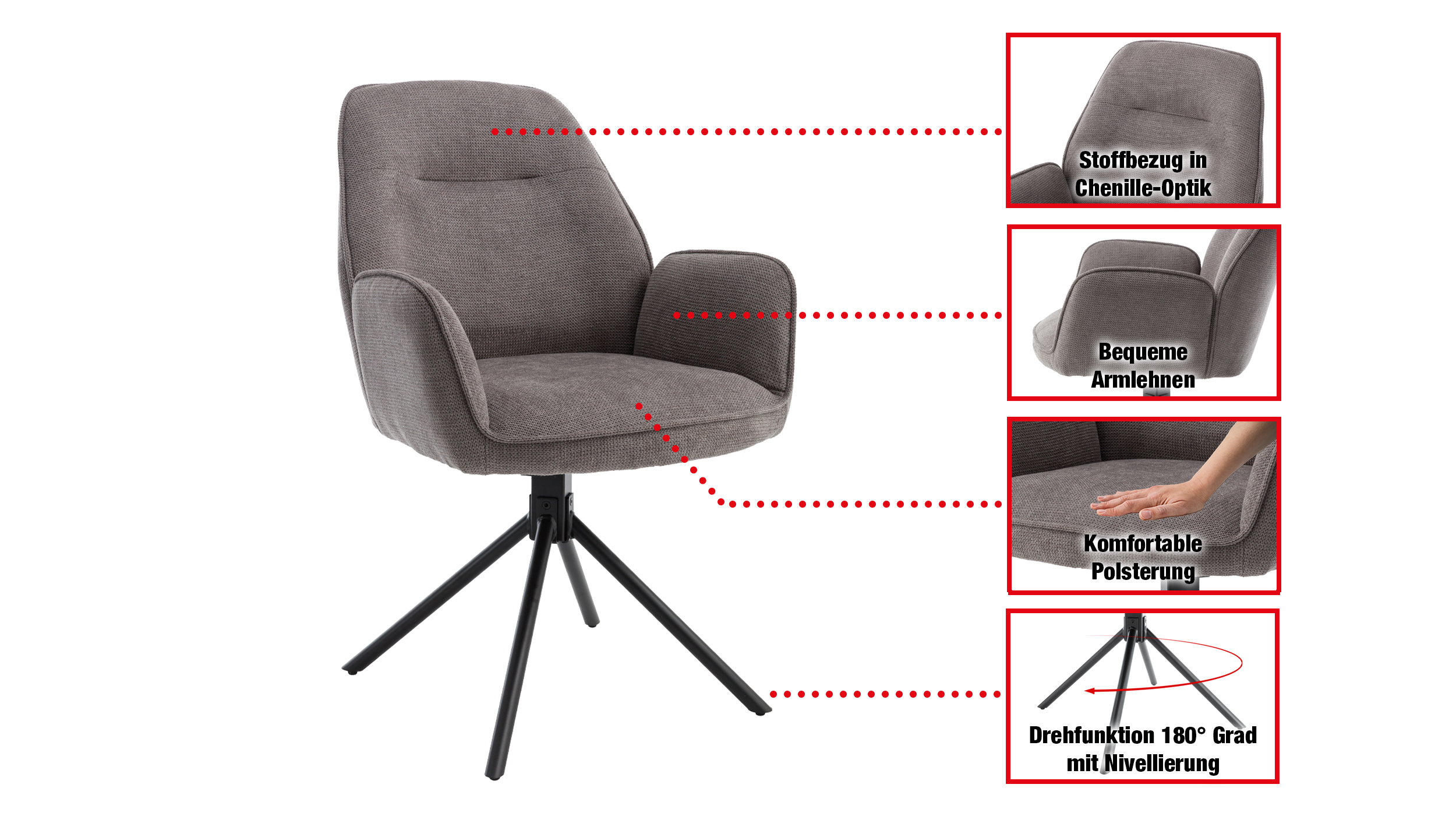 Armlehnstuhl grau Drehstuhl Chenille Optik - MALITA