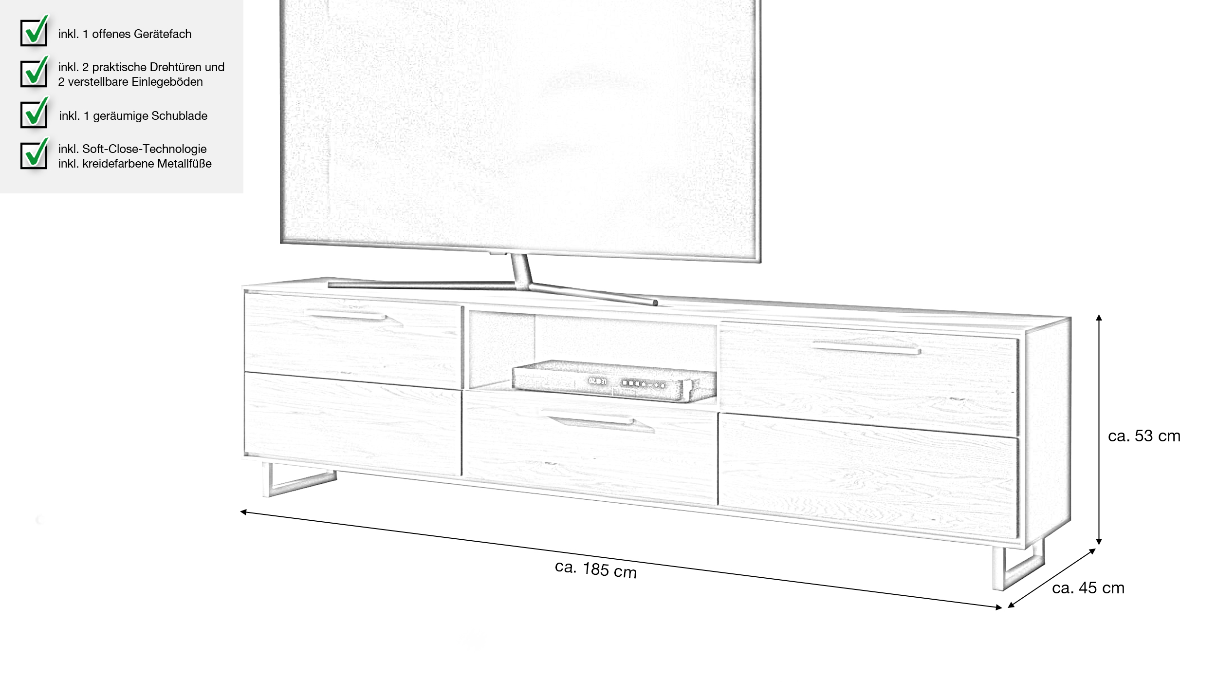 TV - Lowboard Eiche teilmassiv geölt 185 cm TV-Board - KAI 