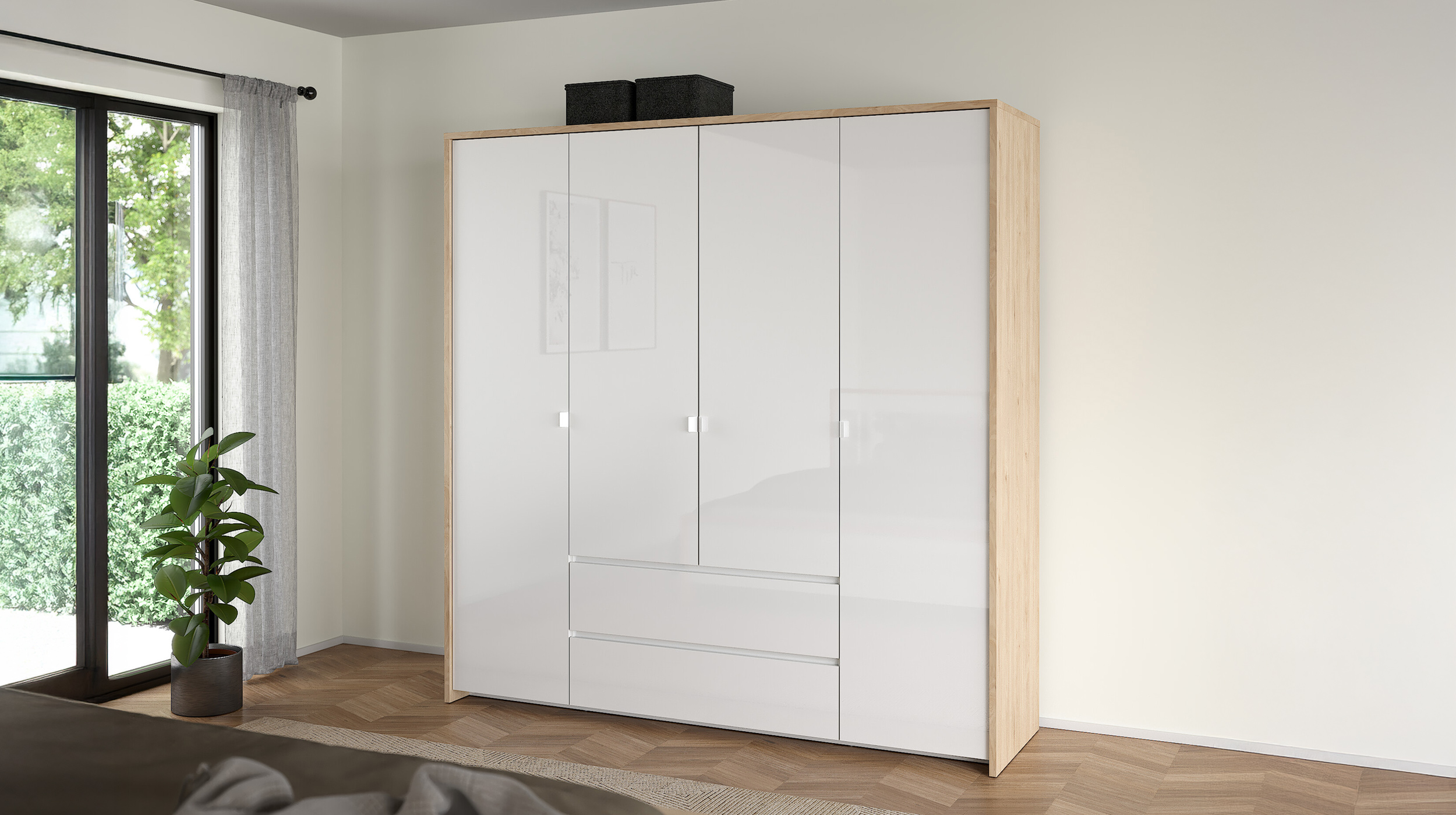 Kleiderschrank 197 cm weiß hochglanz - Jackson Hickory 4-türig - NEXT