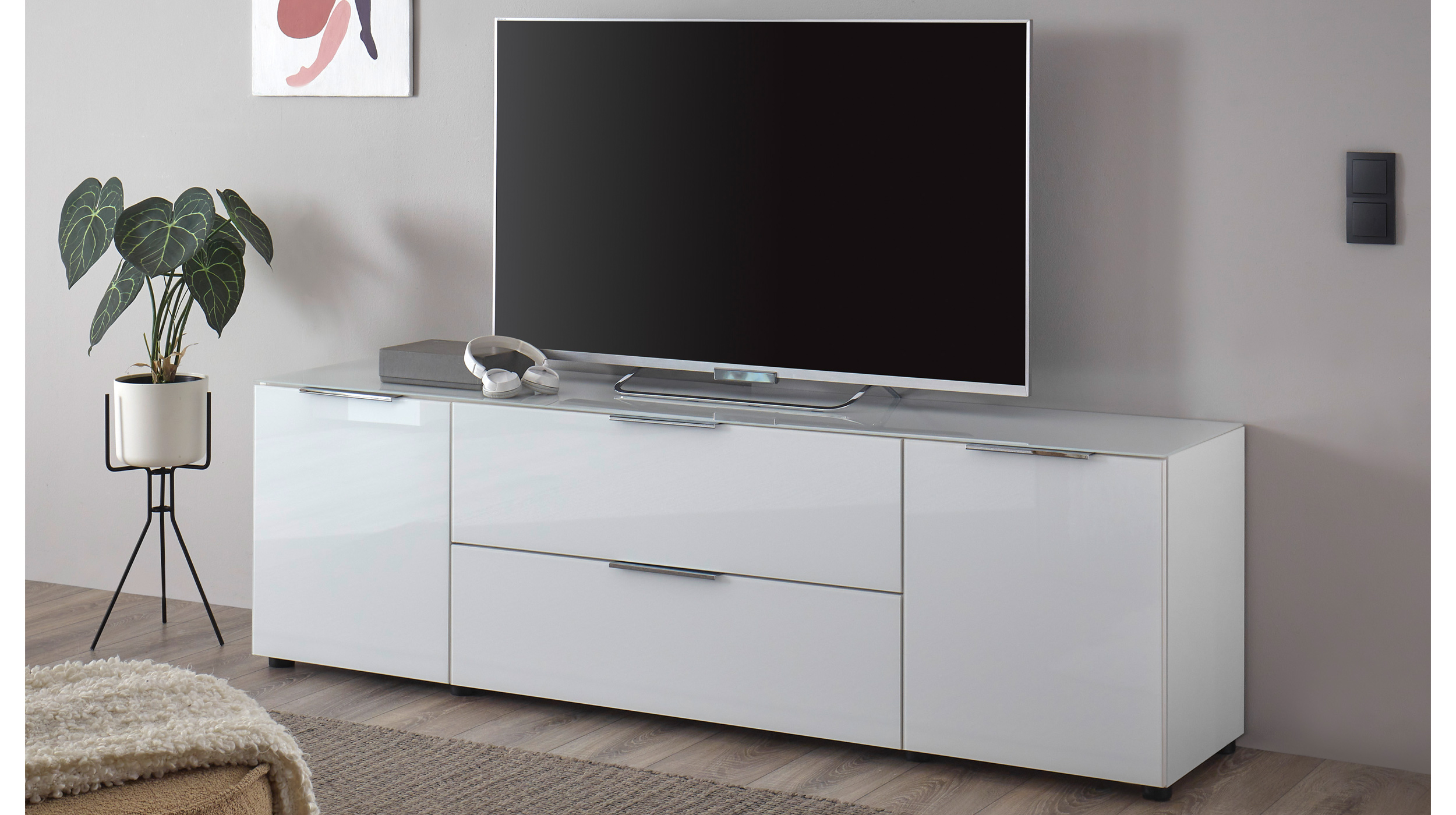 TV-Lowboard weiß - Glasfront - 180 cm - SANTORIN