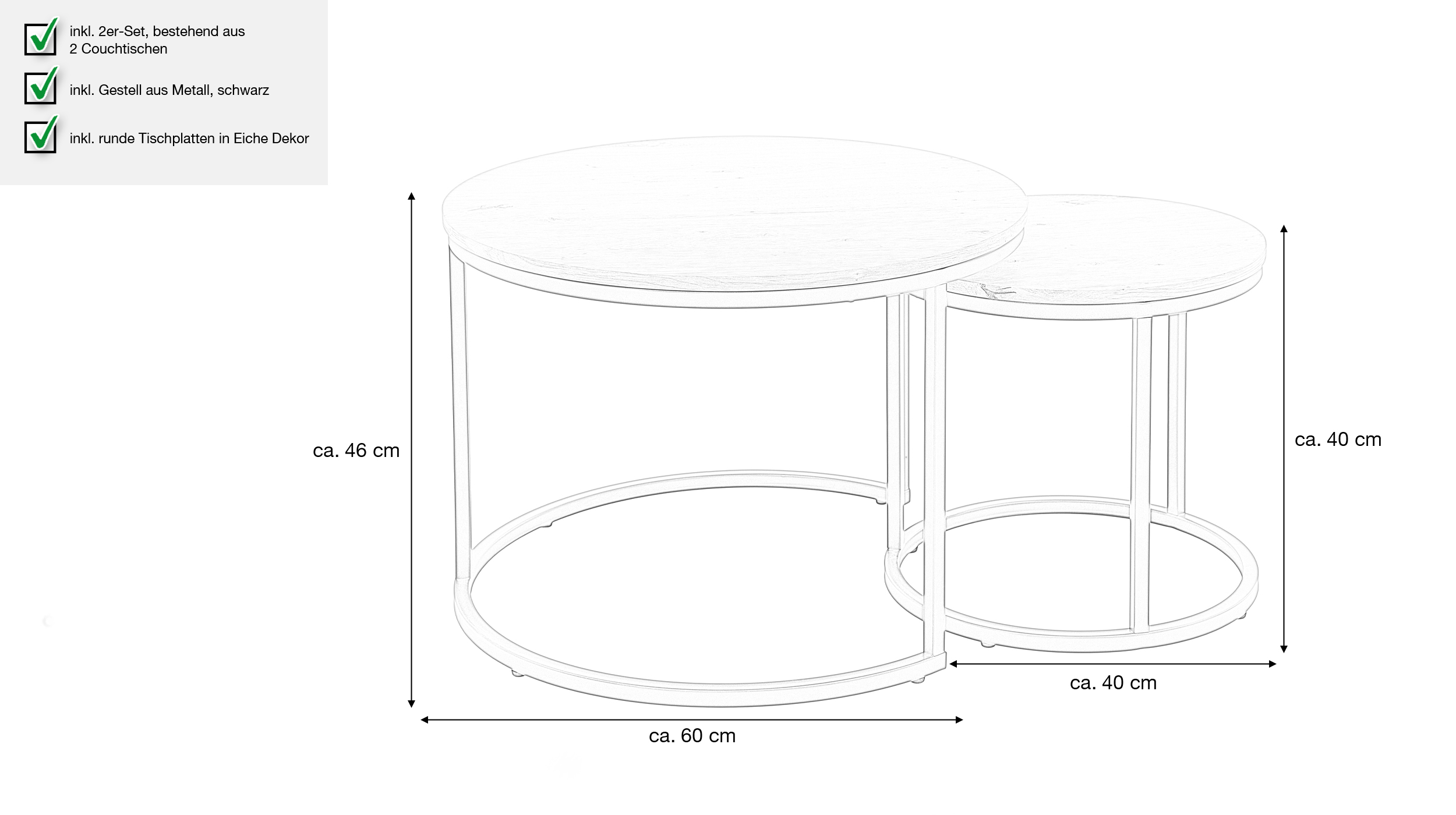 Couchtisch 2er-Set Artisan Eiche - rund - 60 cm - 40 cm - LAURA