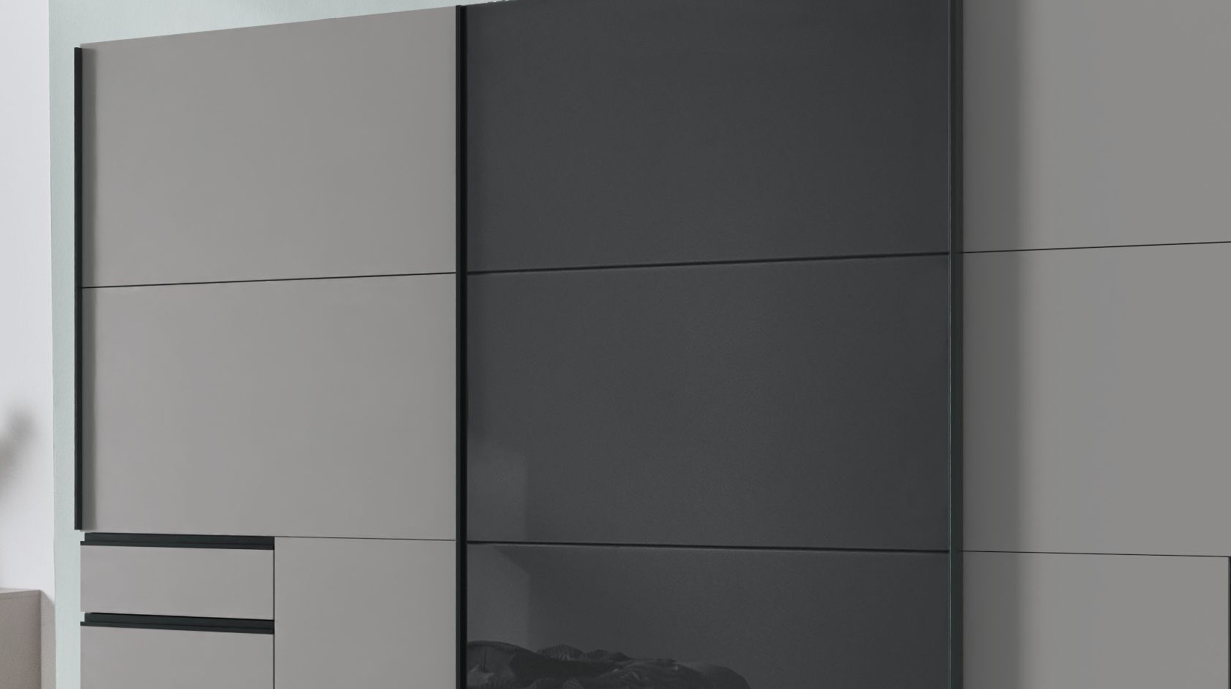 Schwebetürenschrank grau - schwarz mit Glasfront - 270 cm - SAIGON