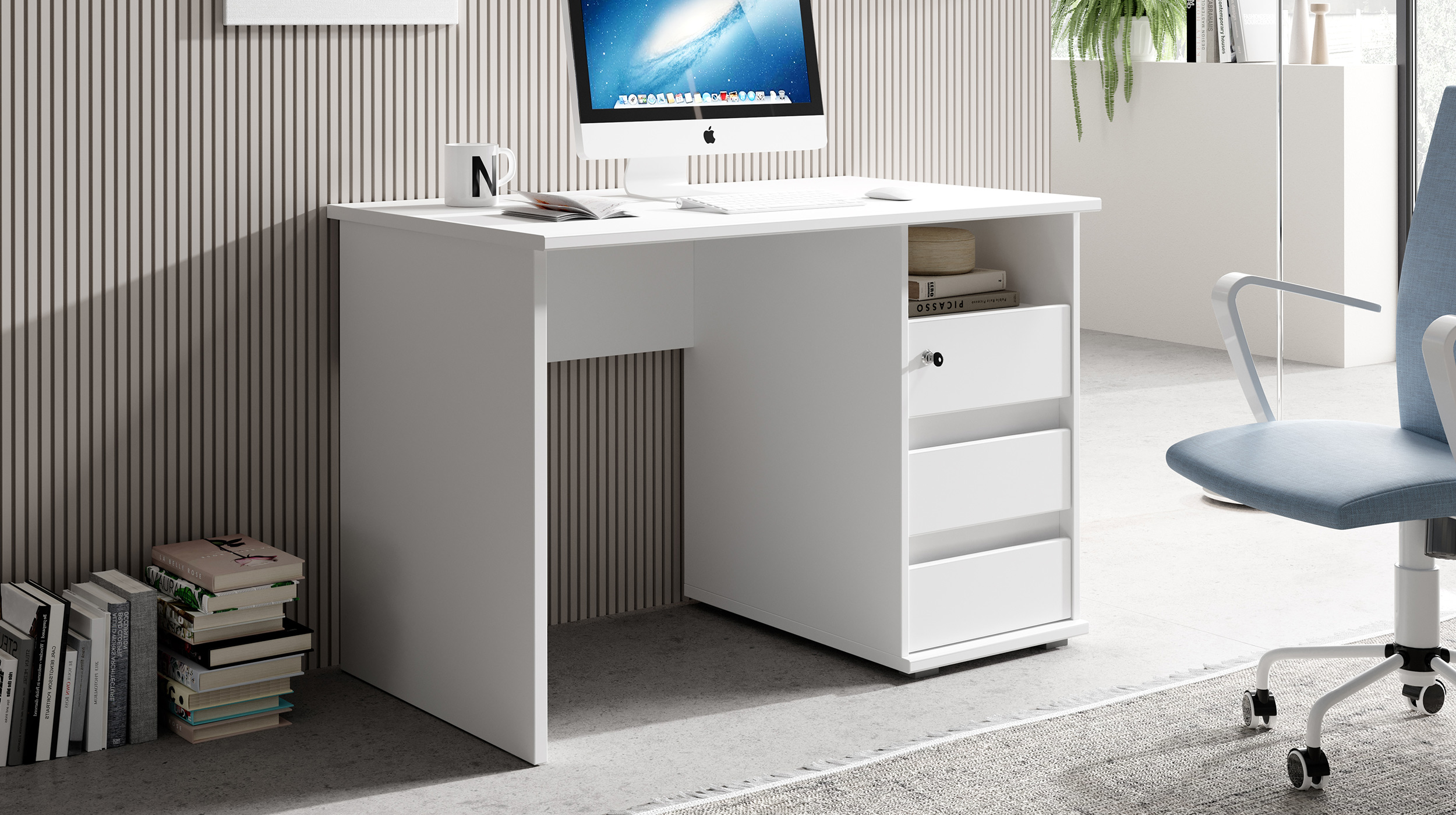 Schreibtisch weiß 110 cm - 3 Schubladen - PRIMUS 