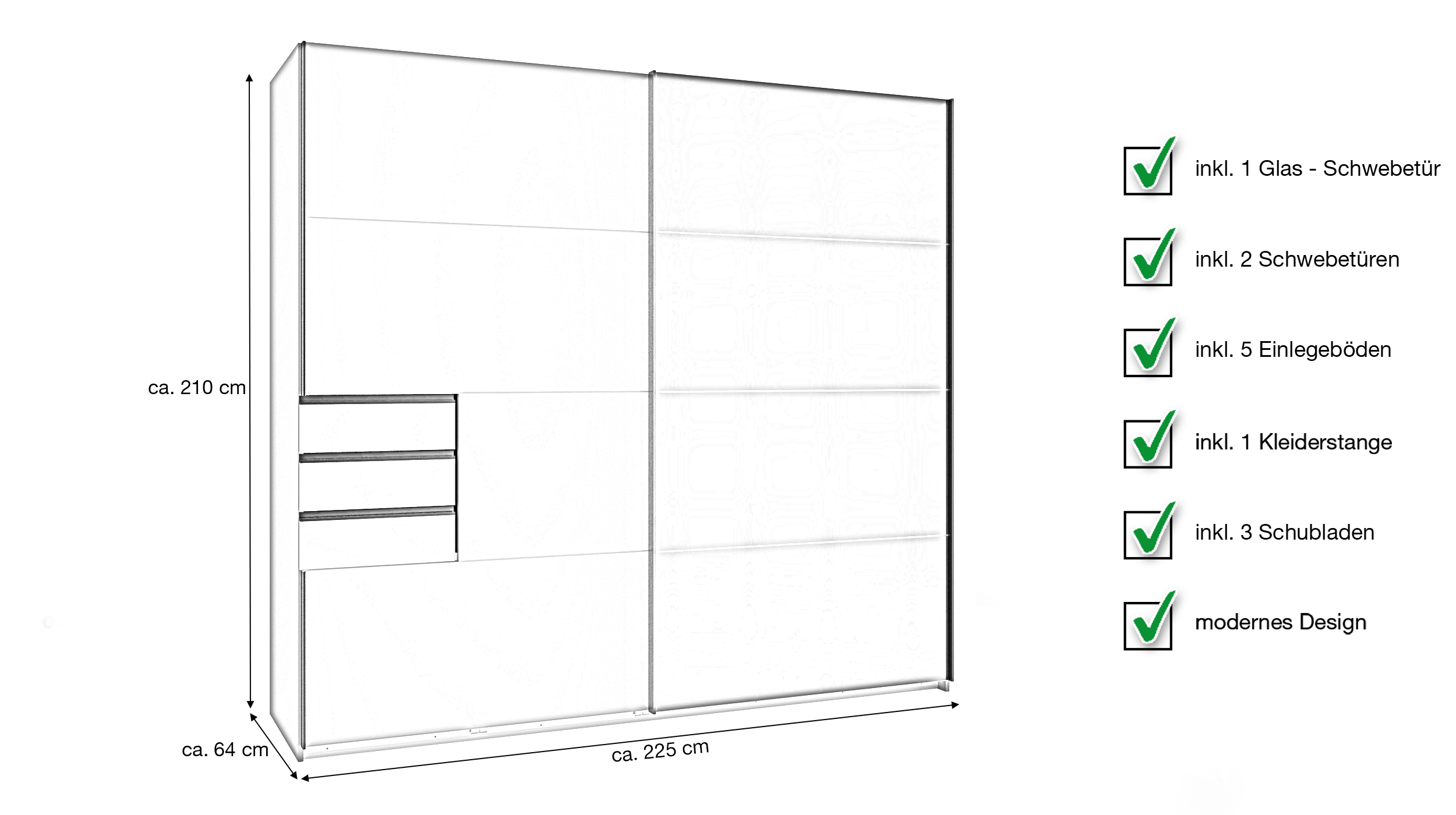 Schwebetürenschrank schwarz - Glasfront - 225 cm - SAIGON