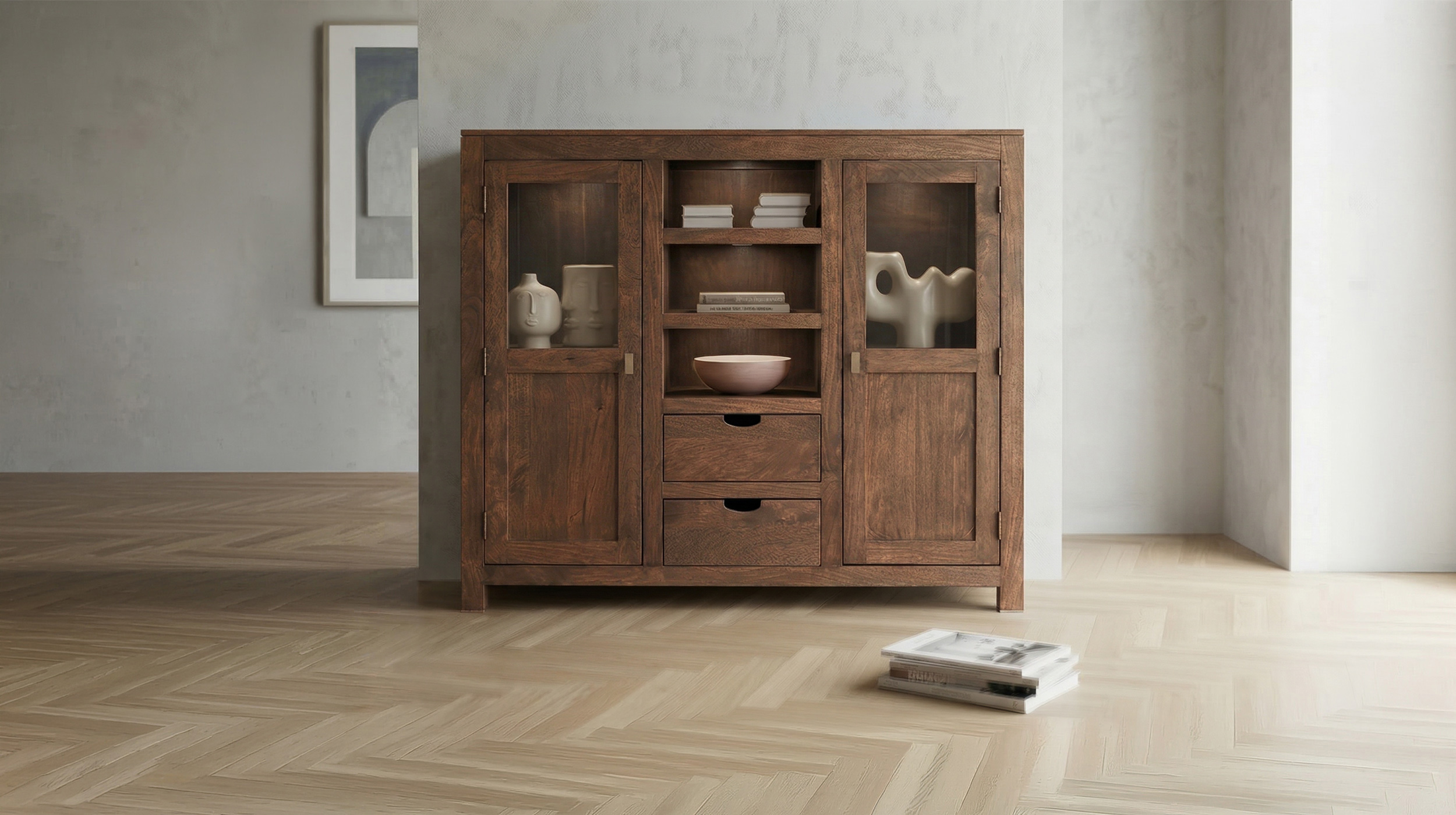 Highboard Mango massiv gebeizt montiert - Glastüren - MANGALA