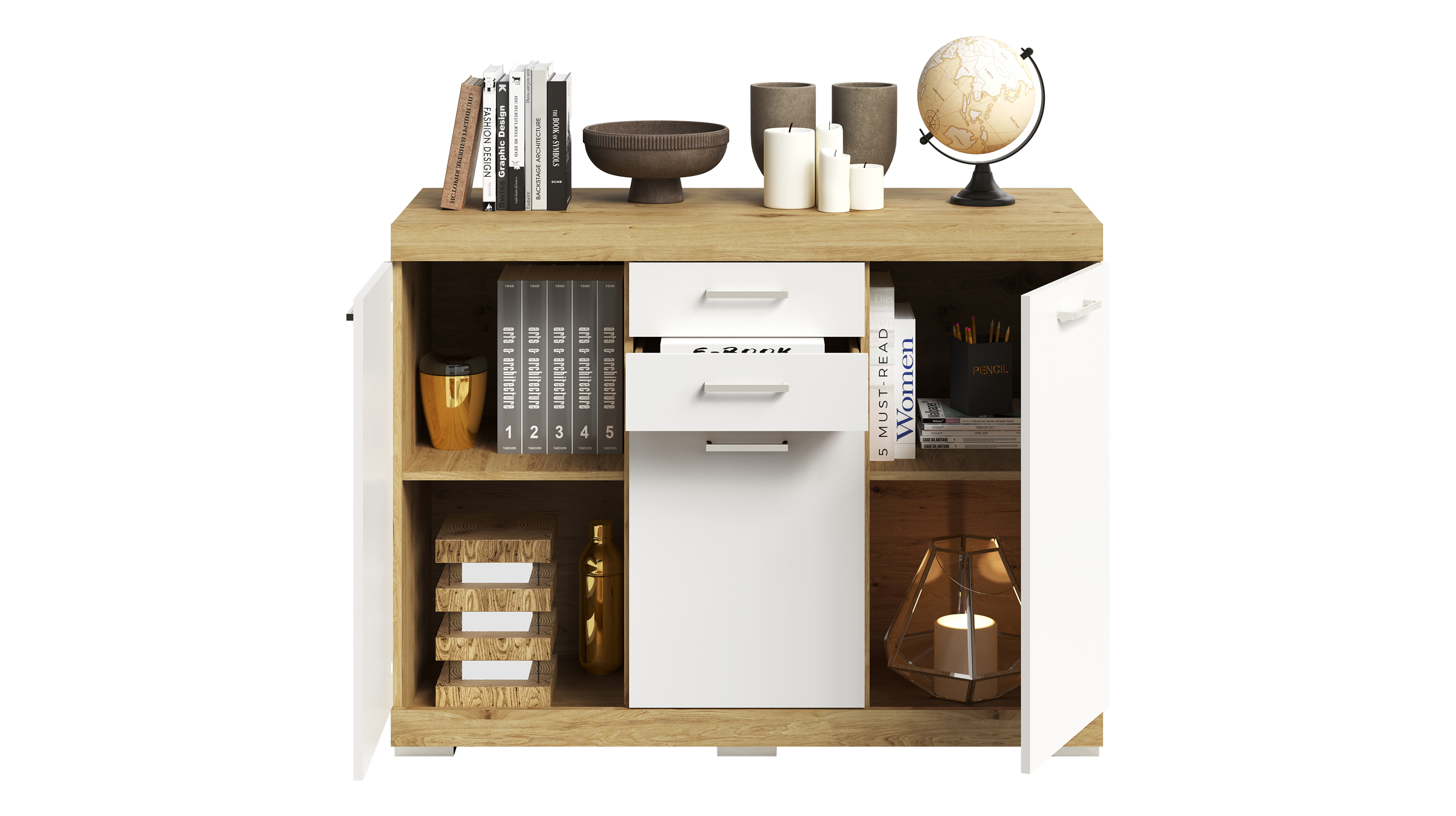 Kommode weiß Artisan Eiche 120 x 50 cm - 2 Schubladen - BRISTOL