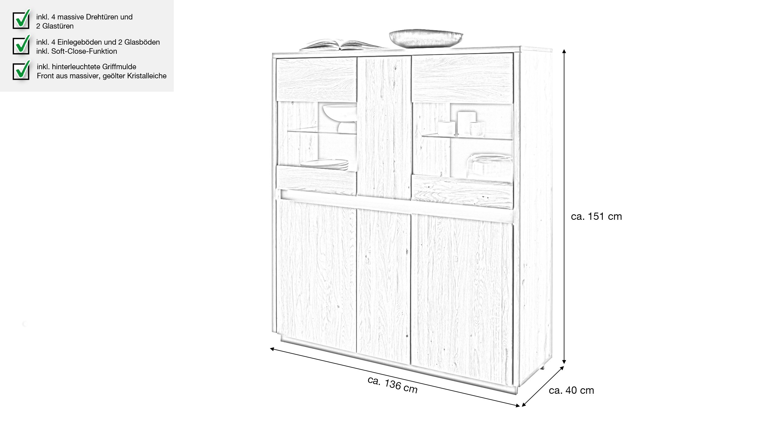 Highboard mit 2 Glastüren Kristalleiche massiv geölt 136 cm - LARVIK
