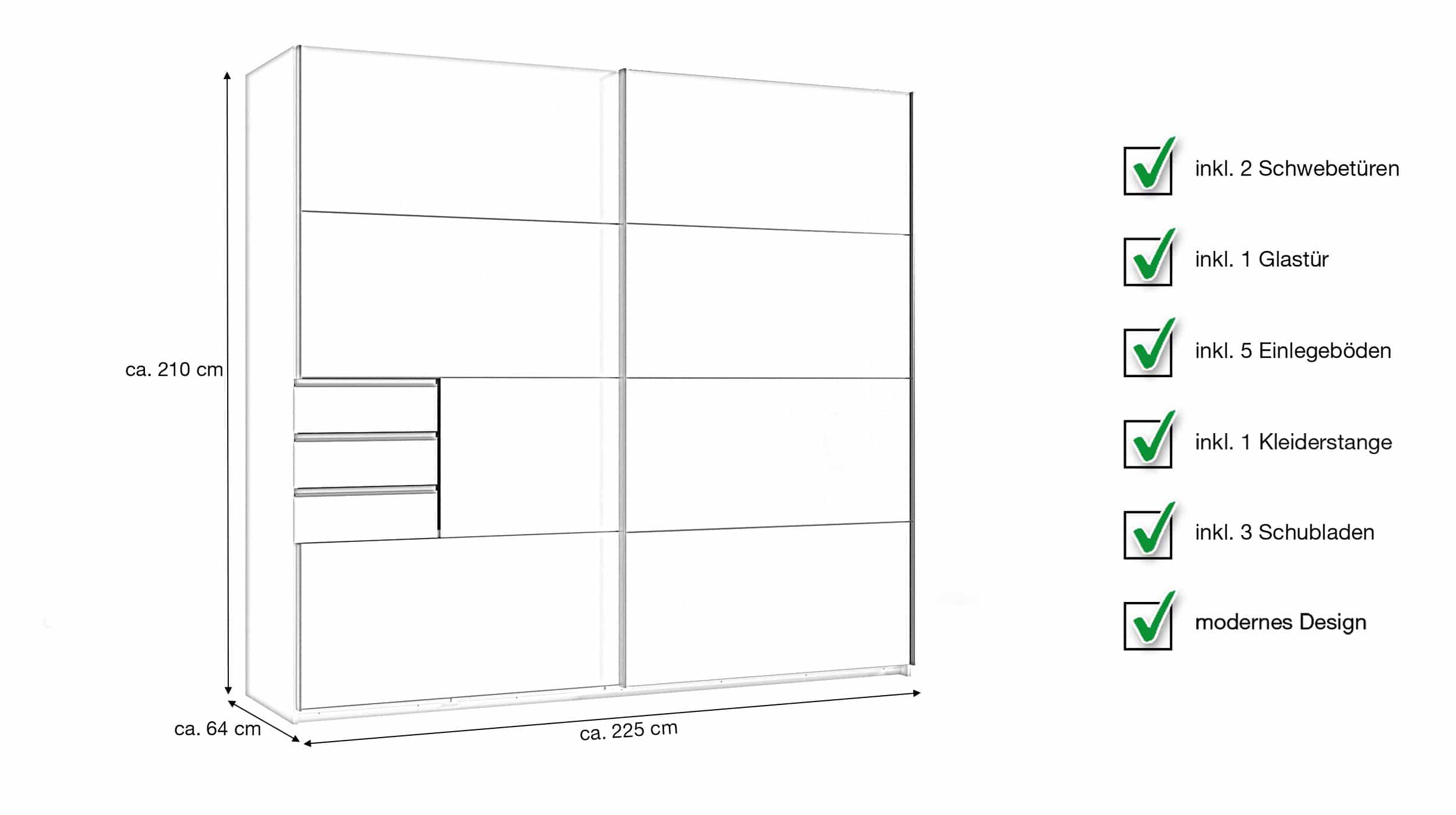 Schwebetürenschrank grau mit Glasfront - 225 cm - SAIGON