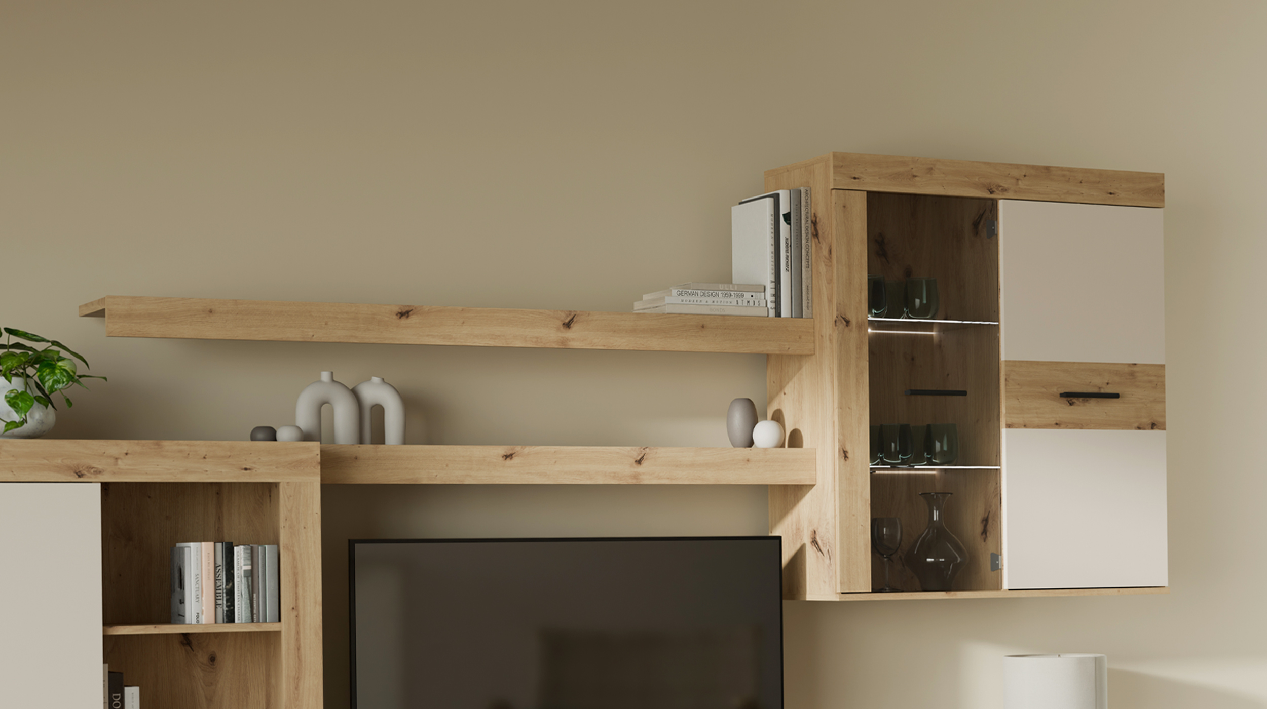 Wohnwand beige Artisan Eiche 300 cm LED-Beleuchtung - ZUMBA