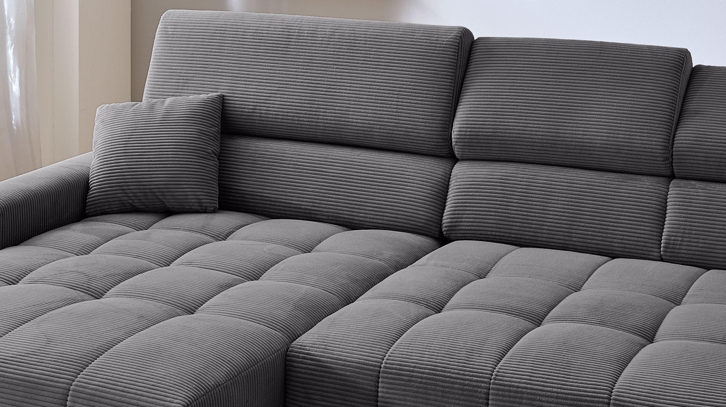 Ecksofa Cord grau - 256 x 180 cm - Sitztiefenverstellung - SIMPLE