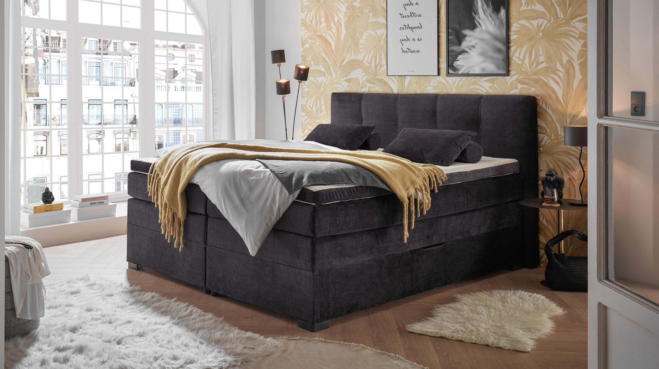 Boxspringbett 180 cm mit Bettkasten anthrazit Velours - FANES