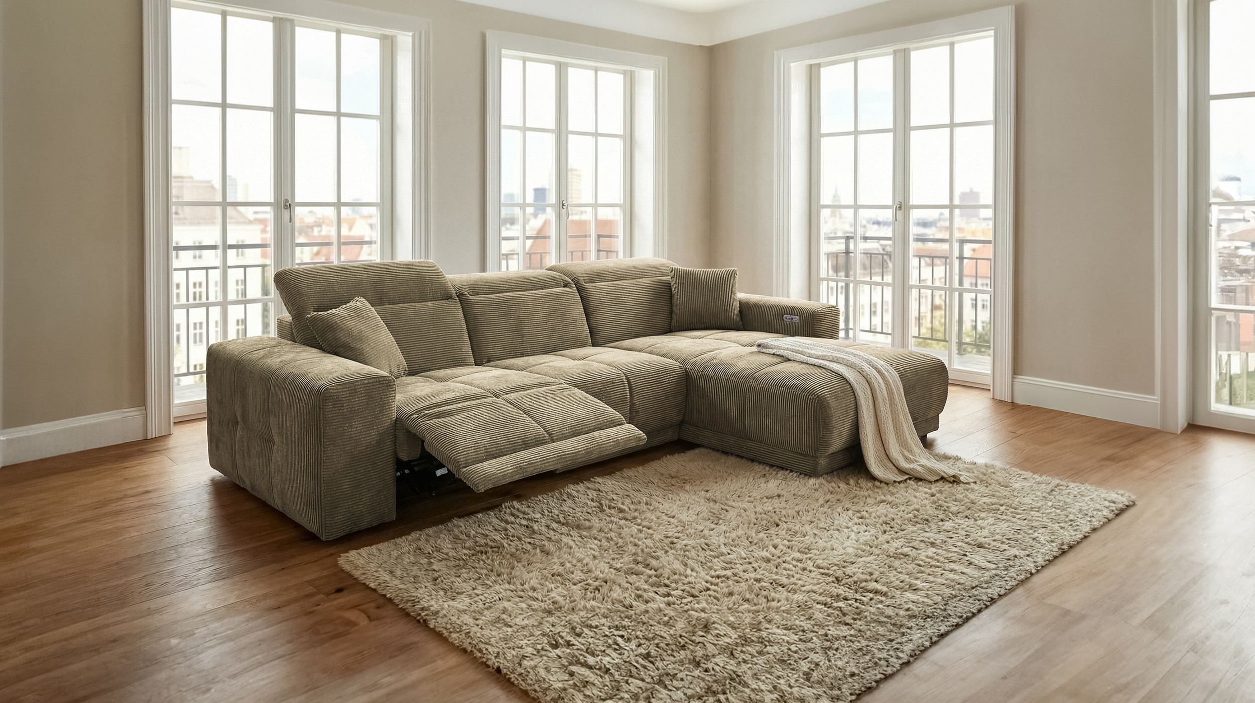 Ecksofa Cord grün 302 x 167 cm mit Relaxfunktion - OT rechts - TONI