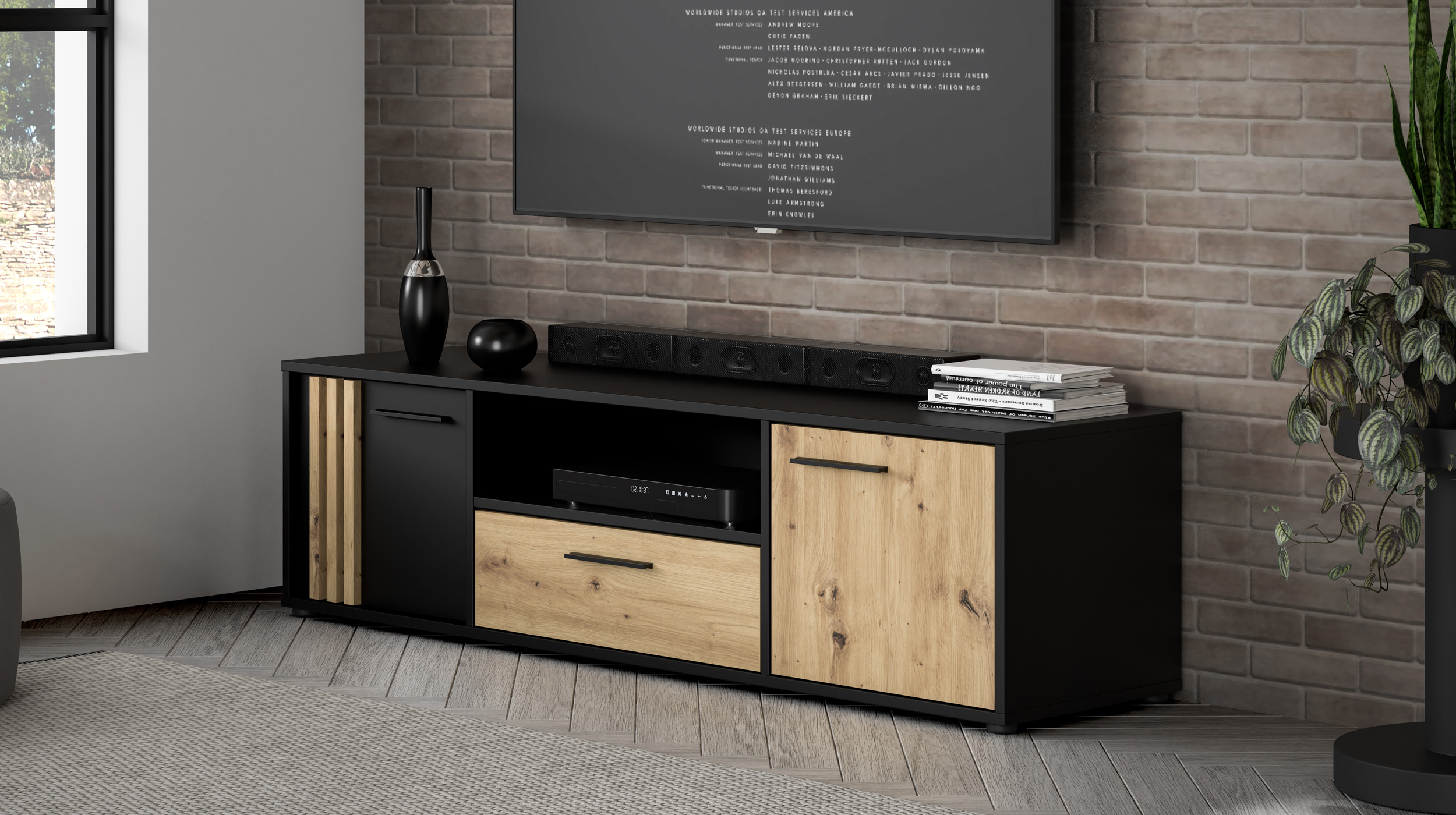 TV - Lowboard Artisan Eiche - schwarz 163 cm TV-Board - CARDIGAN