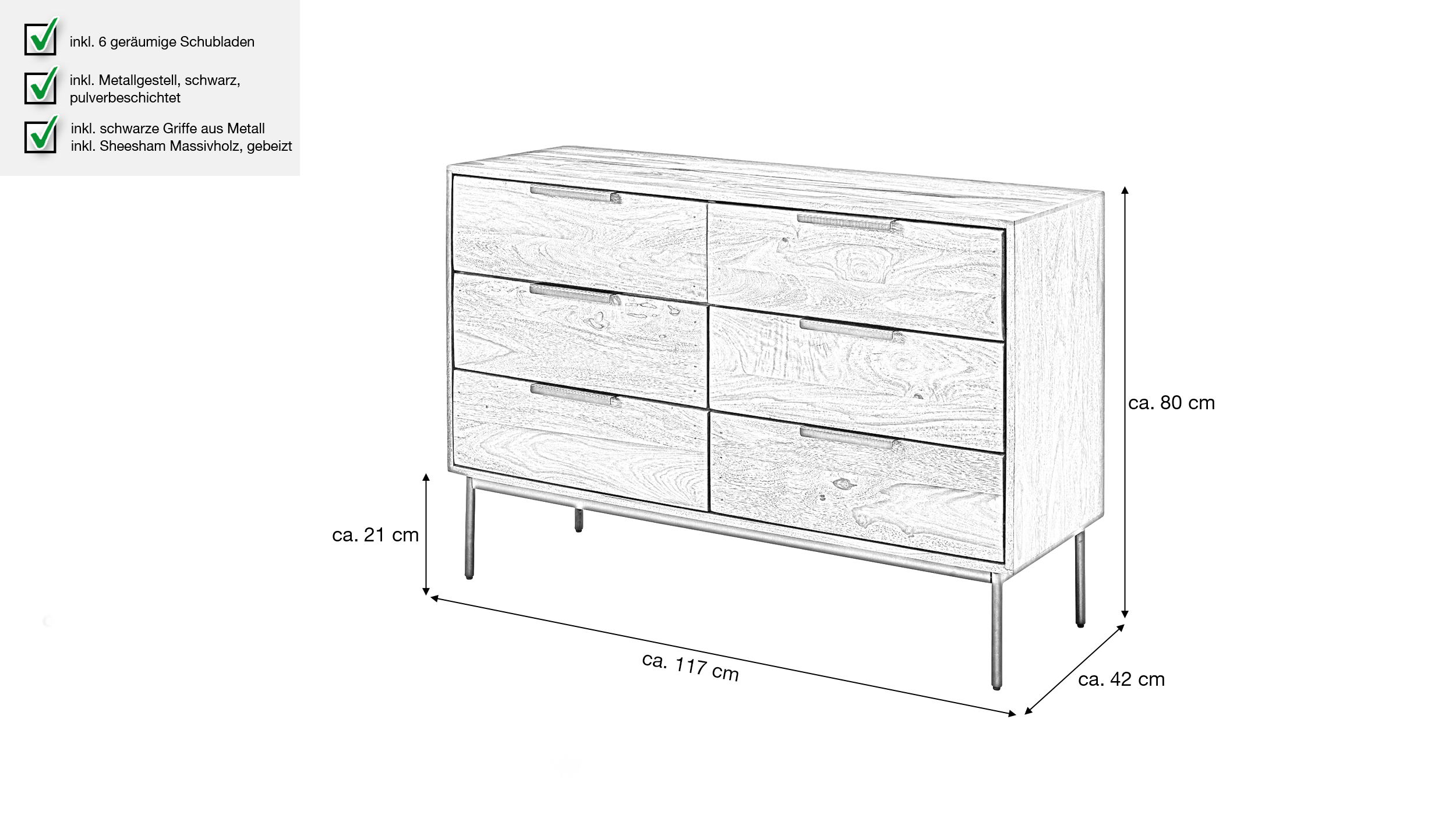 Kommode mit 6 Schubladen Sheesham massiv gebeizt 117 x 42 cm - SVANTE