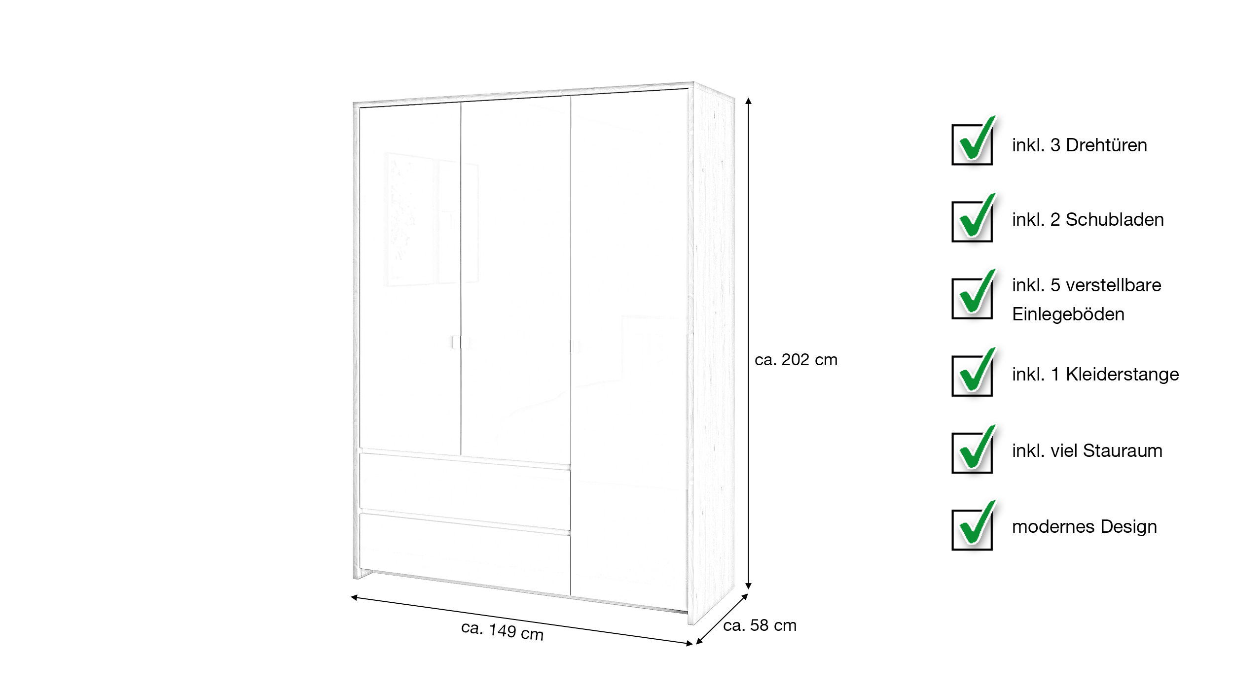 Kleiderschrank 149 cm weiß hochglanz - Jackson Hickory 3-türig - NEXT