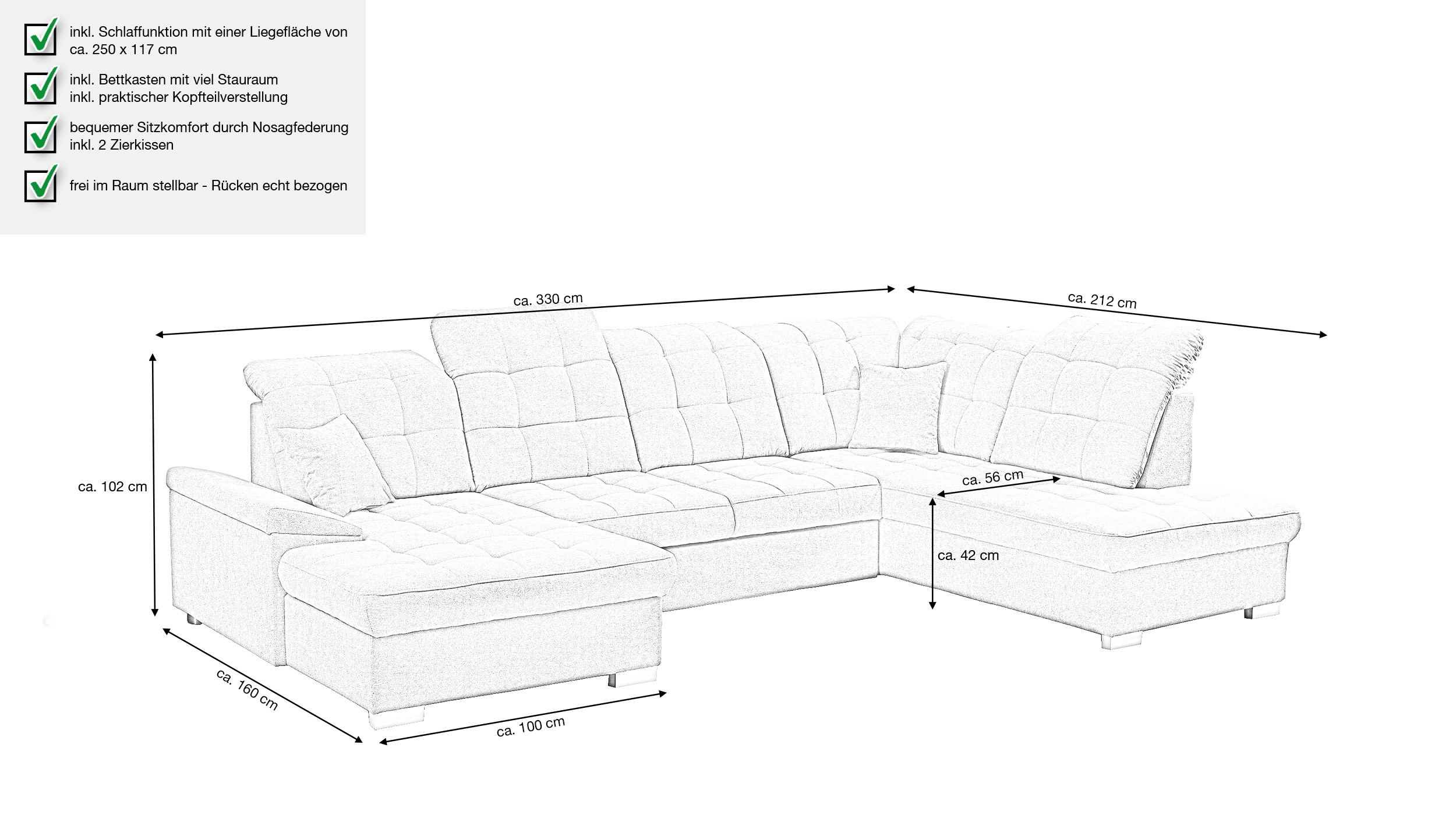 Wohnlandschaft grau Schlaffunktion - 330 cm - Bettkasten - NICOLE