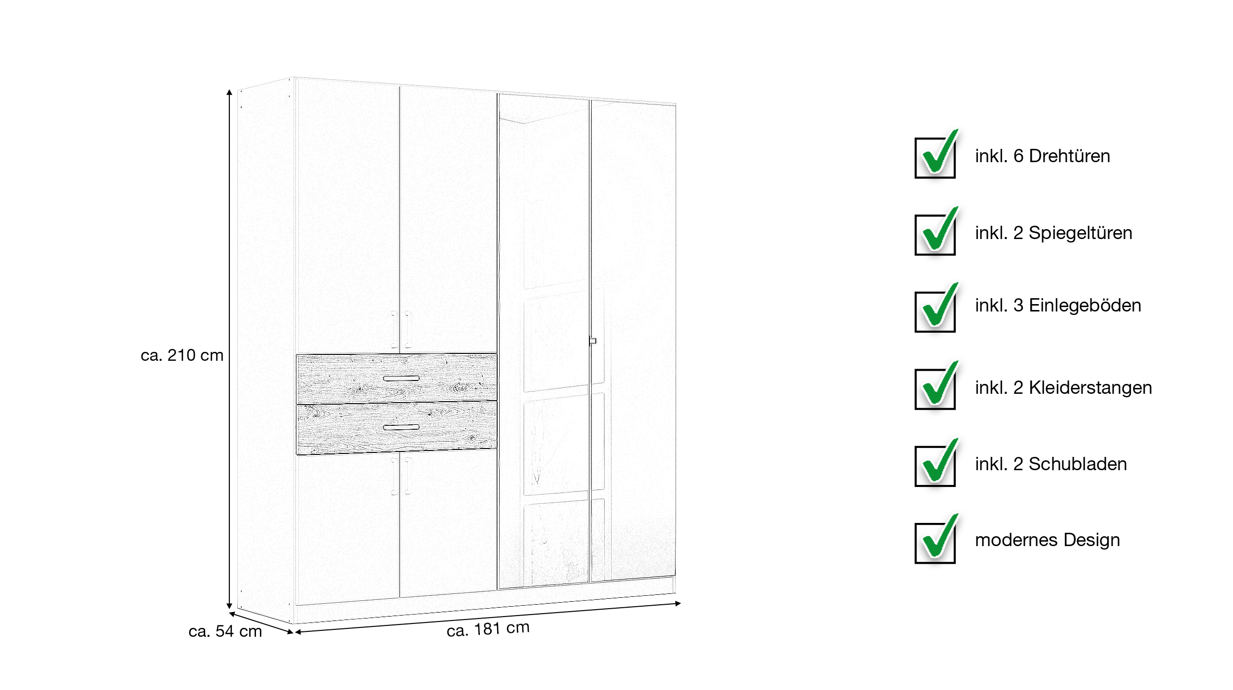 Kleiderschrank mit Spiegel - weiß - Artisan Eiche - 181 cm - MAIKA 