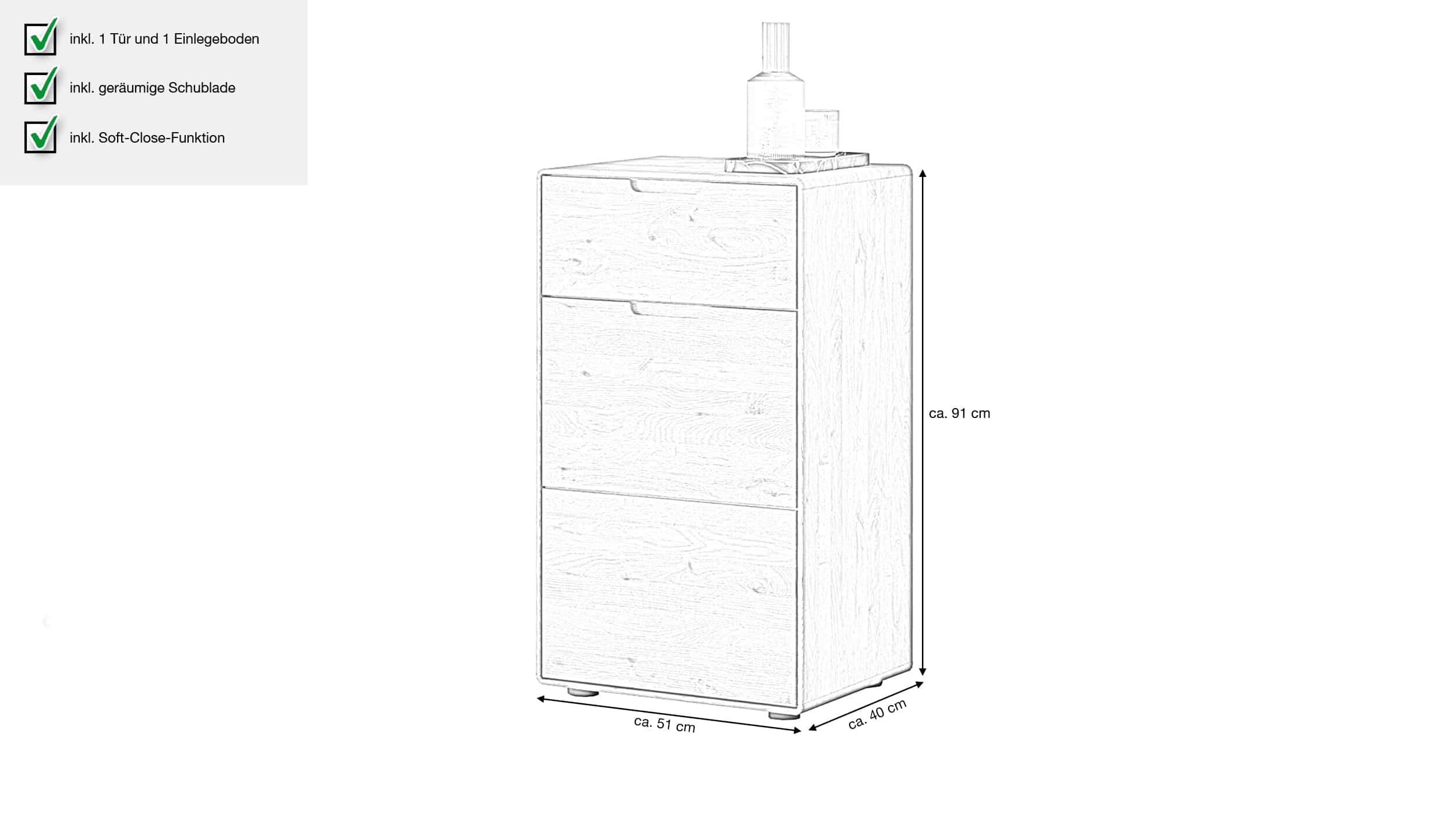 Kommode mit Schublade Wildeiche massiv 51 x 40 cm - LUCAS 