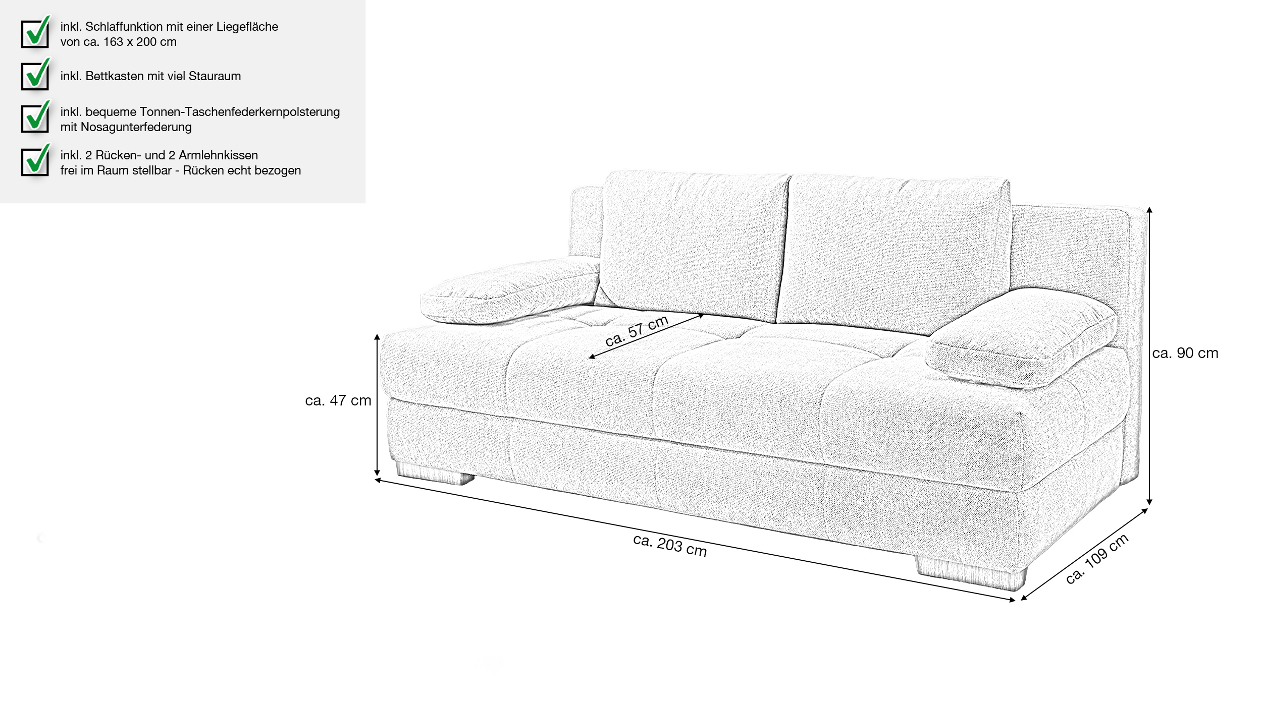 Schlafsofa grau Bettkasten Dauerschläfer Federkern 203 cm - CALLI
