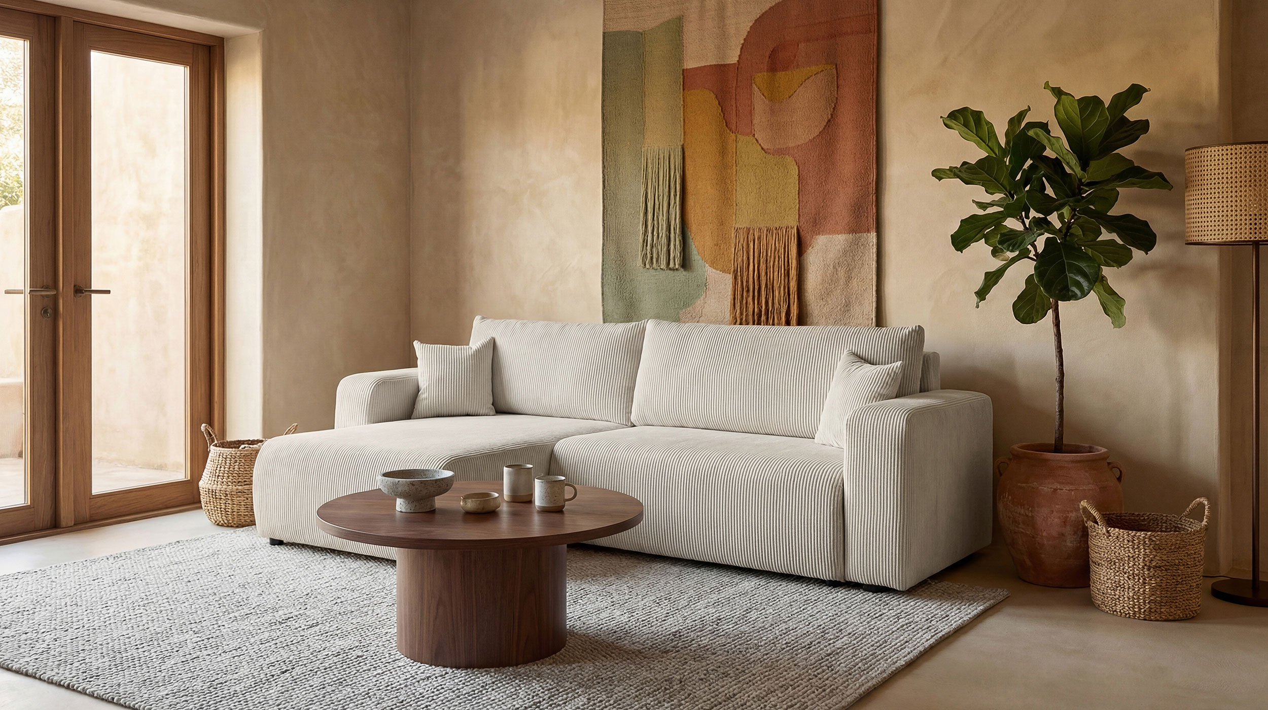 Ecksofa Cord creme Schlaffunktion Bettkasten 270 x 186 cm - HONOLULU
