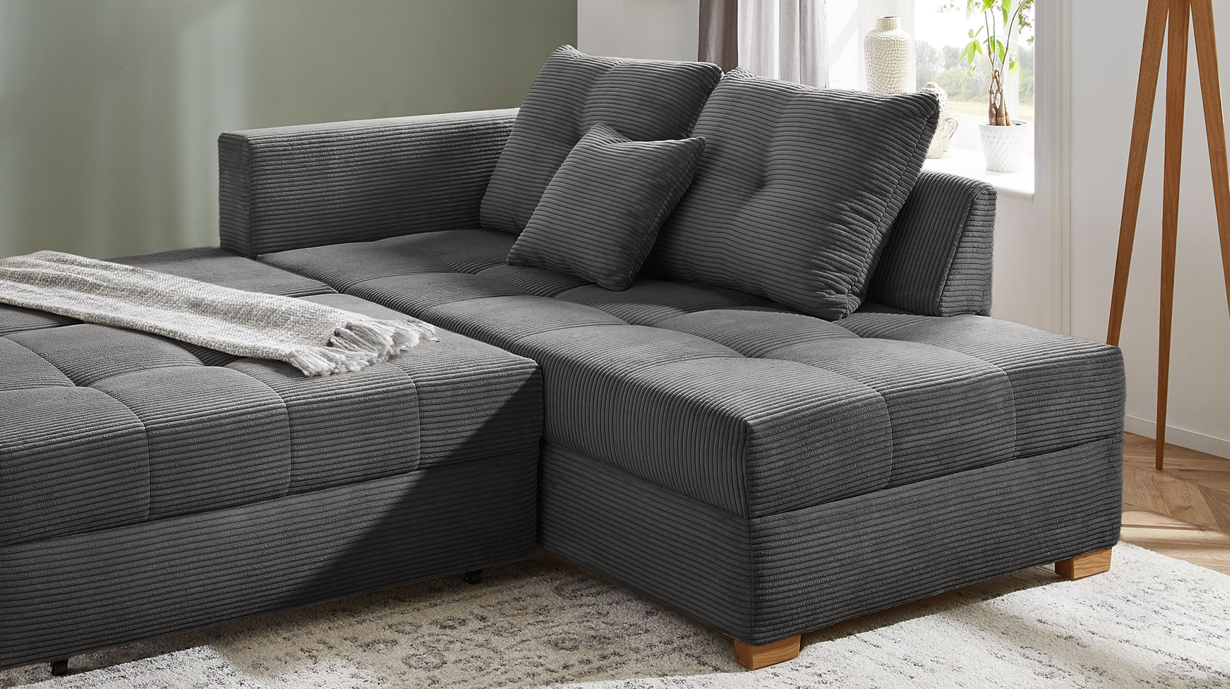 Ecksofa Cord dunkelgrau - Schlaffunktion Bettkasten 228 cm - HEIDELBERG