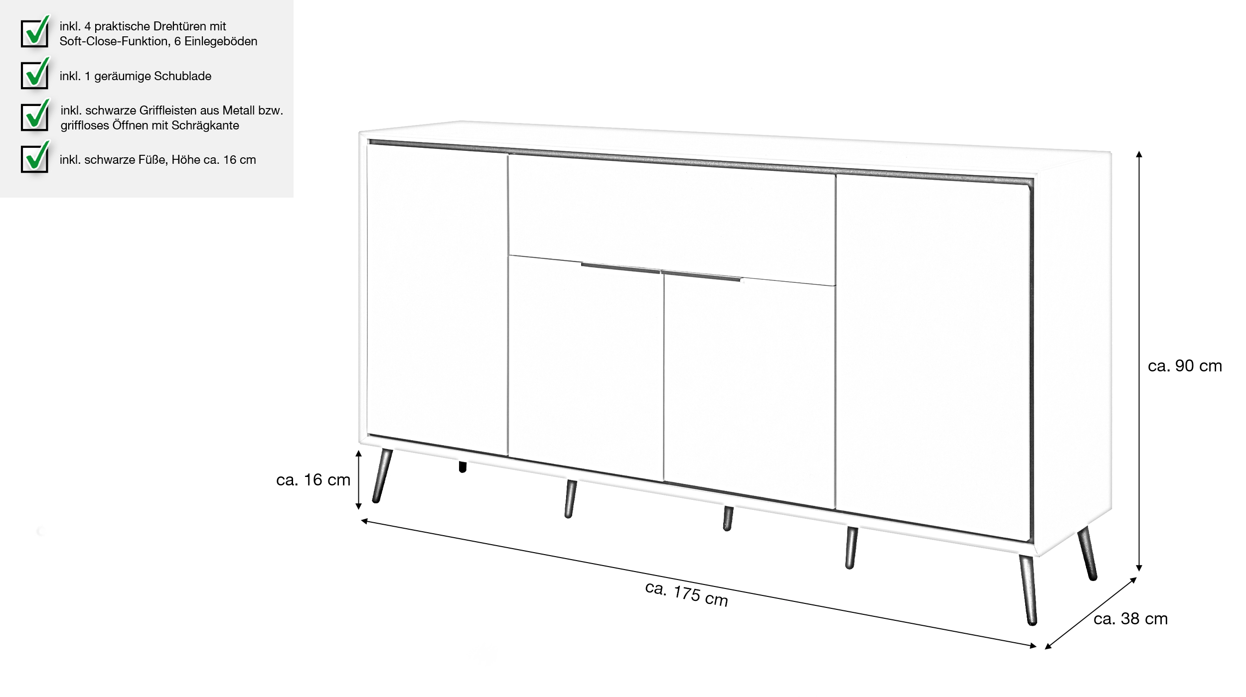 Sideboard mit 1 Schublade beige schwarz 175 cm - ARONA