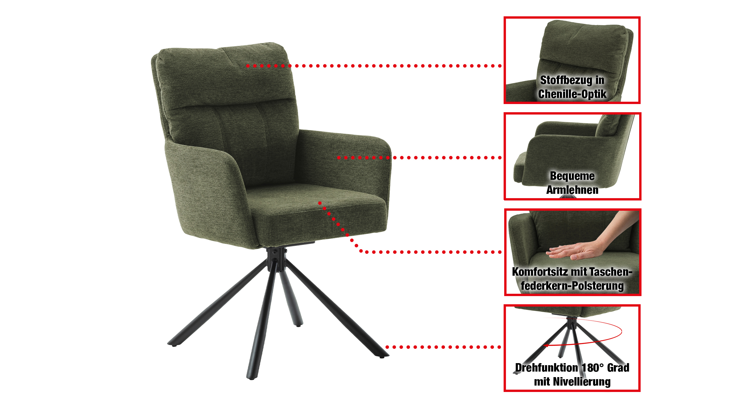 Armlehnstuhl olive Drehstuhl Chenille Optik - UTICA