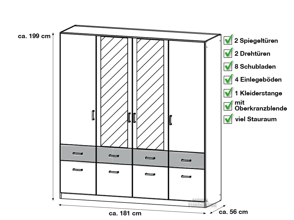 Kleiderschrank Spiegel - 181 cm - grau - weiß - rauch - BREMEN-EXTRA